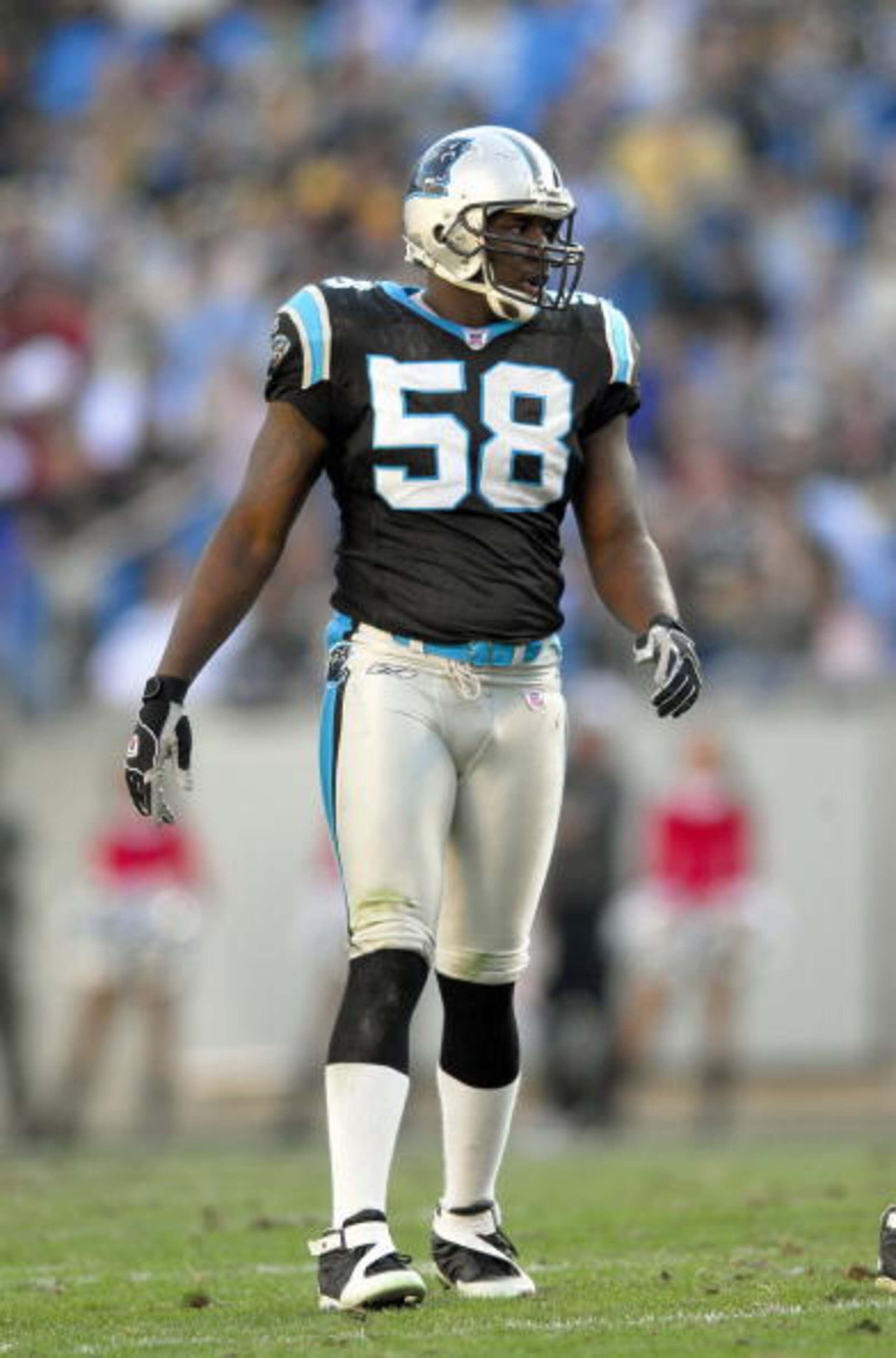 CHARLOTTE, NC - DECEMBER 17: Thomas Davis #58 of the Carolina Panthers walks on the field during the game against the Pittsburgh Steelers on December 17, 2006 at Bank of America Stadium in Charlotte, North Carolina. The Steelers defeated the Panthers 37-3
