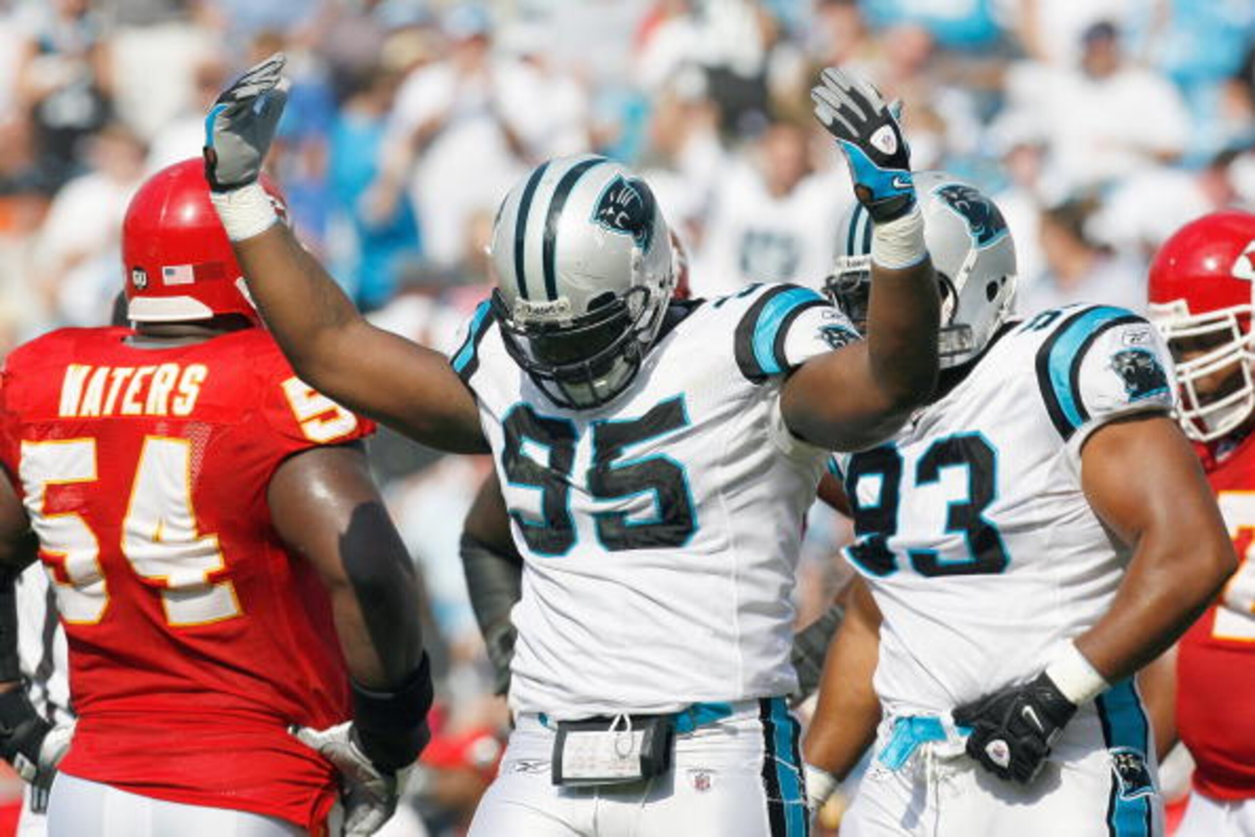 CHARLOTTE, NC - OCTOBER 05:  Charles Johnson #95 of the Carolina Panthers celebrates on the field during the game against the Kansas City Chiefs at Bank of America on October 5, 2008 in Charlotte, North Carolina.  (Photo by Kevin C. Cox/Getty Images)