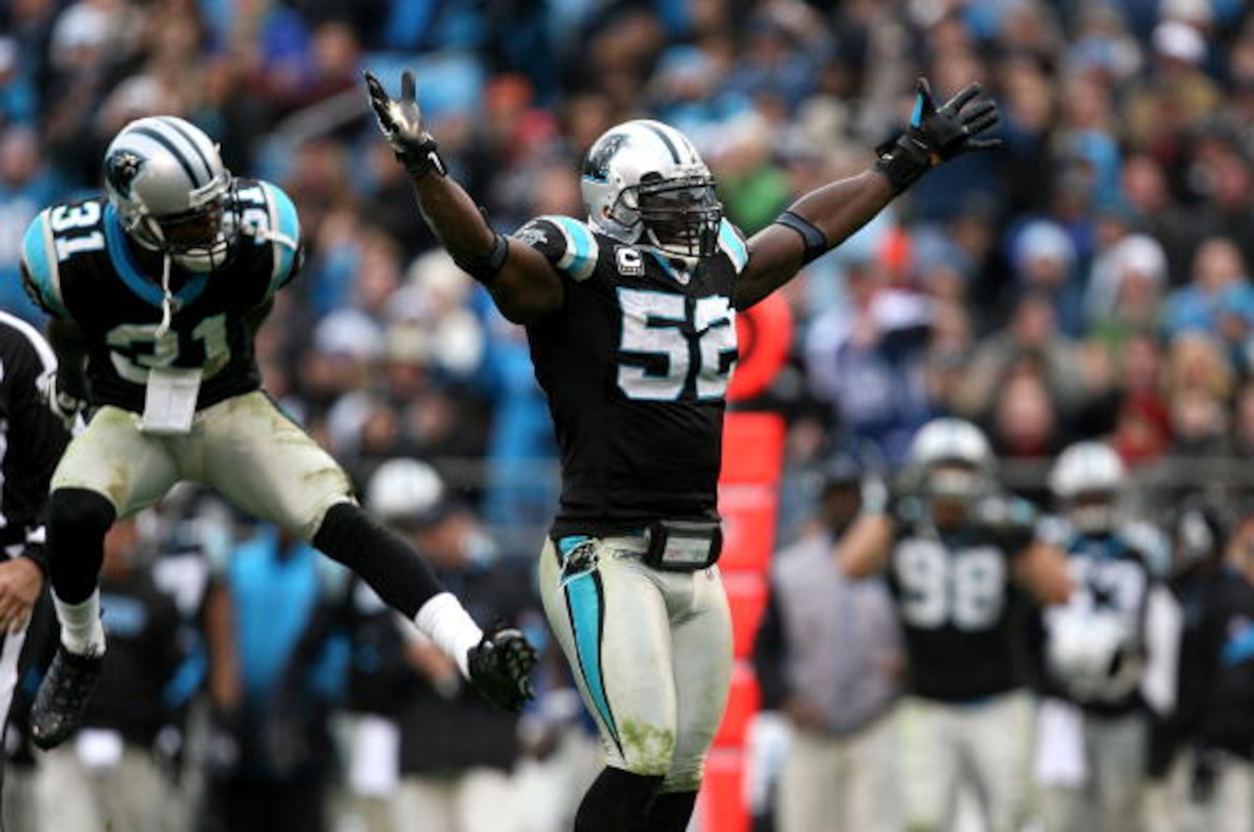 CHARLOTTE, NC - DECEMBER 06:  Teammates Richard Marshall #31 and Jon Beason #52 of the Carolina Panthers celebrate after a turnover during their game against the Tampa Bay Buccaneers at Bank of America Stadium on December 6, 2009 in Charlotte, North Carol