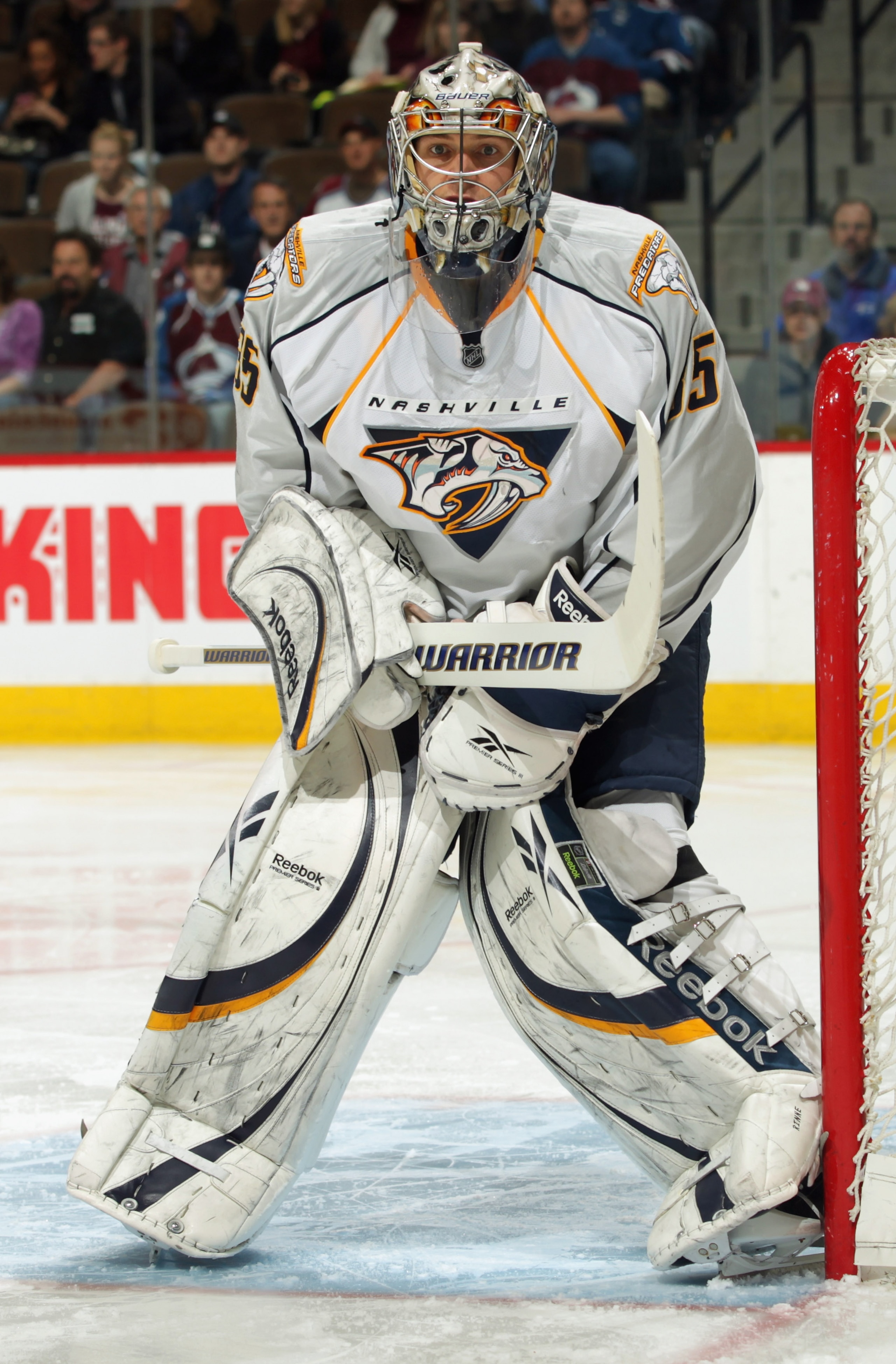DENVER, CO - MARCH 31:  Goalie Pekka Rinne #35 of the Nashville Predators defends the goal against the Colorado Avalanche at the Pepsi Center on March 31, 2011 in Denver, Colorado. Rinne had 27 saves as the Nashville Predators defeated the Colorado Avalan