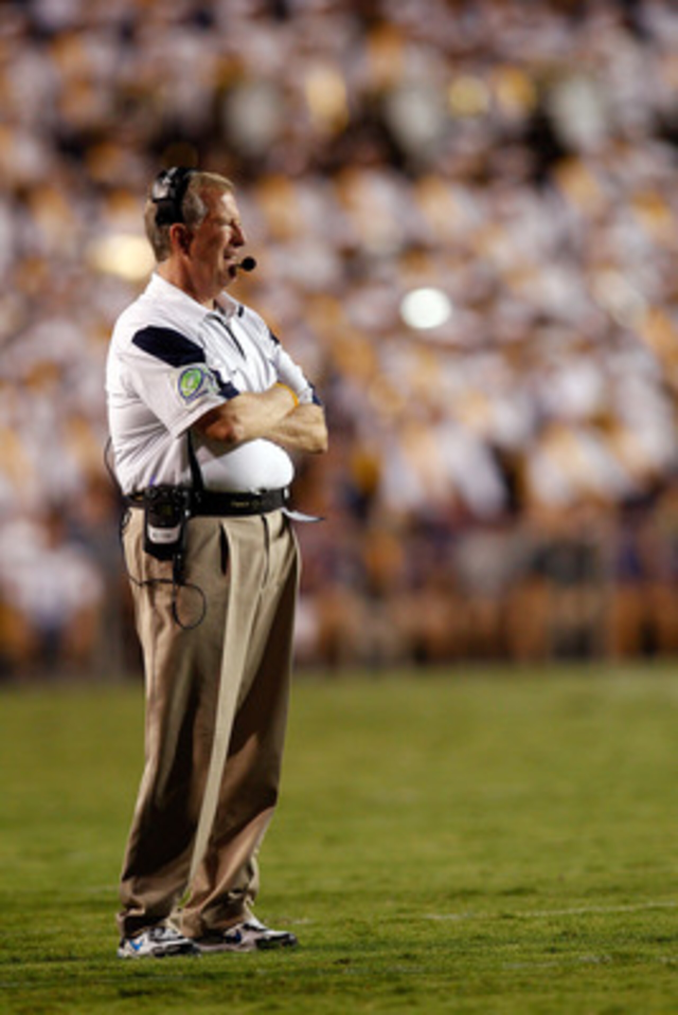 BATON ROUGE, LA - SEPTEMBER 25:  Head coach Bill Stewart of the West Virginia Mountaineers watches a play against the  Louisiana State University Tigers at Tiger Stadium on September 25, 2010 in Baton Rouge, Louisiana.  The Tigers defeated the Mountaineer
