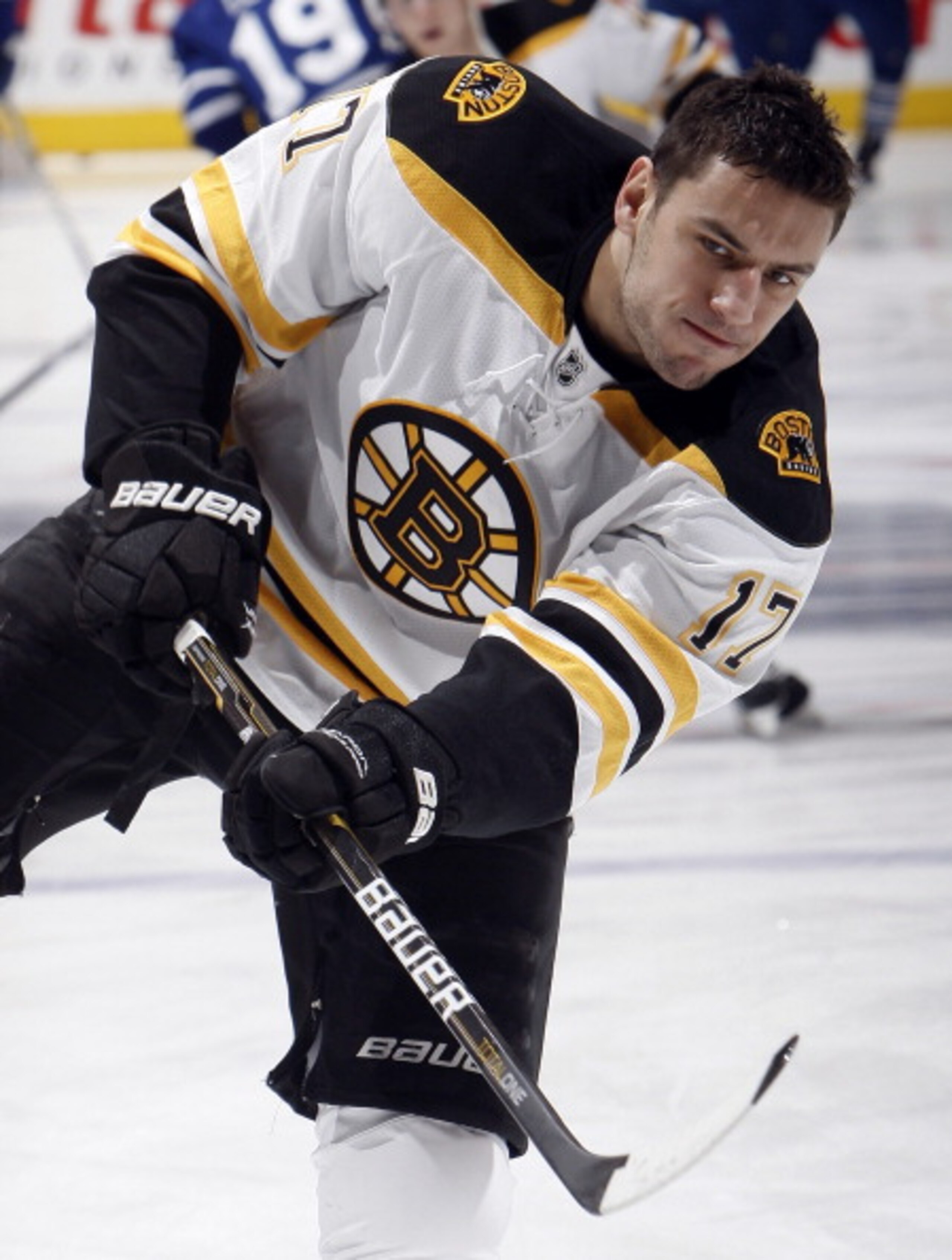 TORONTO, CANADA - MARCH 19: Milan Lucic #17 of the Boston Bruins shoots during warmup before game action at the Air Canada Centre against the Toronto Maple Leafs March 19, 2011 in Toronto, Ontario, Canada. (Photo by Abelimages/Getty Images)