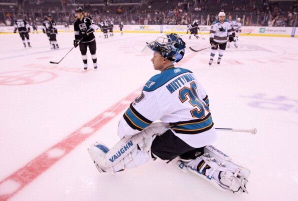 LOS ANGELES, CA - MARCH 24:  Goaltender Antero Niittymaki #30 of the San Jose Sharks stretches at center ice during warm-up prior to the NHL game against the Los Angeles Kings at Staples Center on March 24, 2011 in Los Angeles, California. The Kings defea