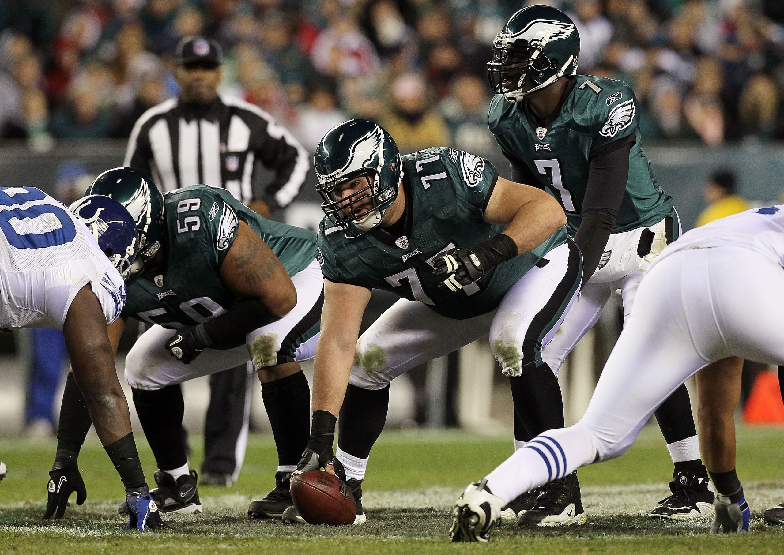 PHILADELPHIA - NOVEMBER 07:  Mike McGlynn #77 of the Philadelphia Eagles against the Indianapolis Colts on November 7, 2010 at Lincoln Financial Field in Philadelphia, Pennsylvania. The Eagles defeated the Colts 26-24.  (Photo by Jim McIsaac/Getty Images)