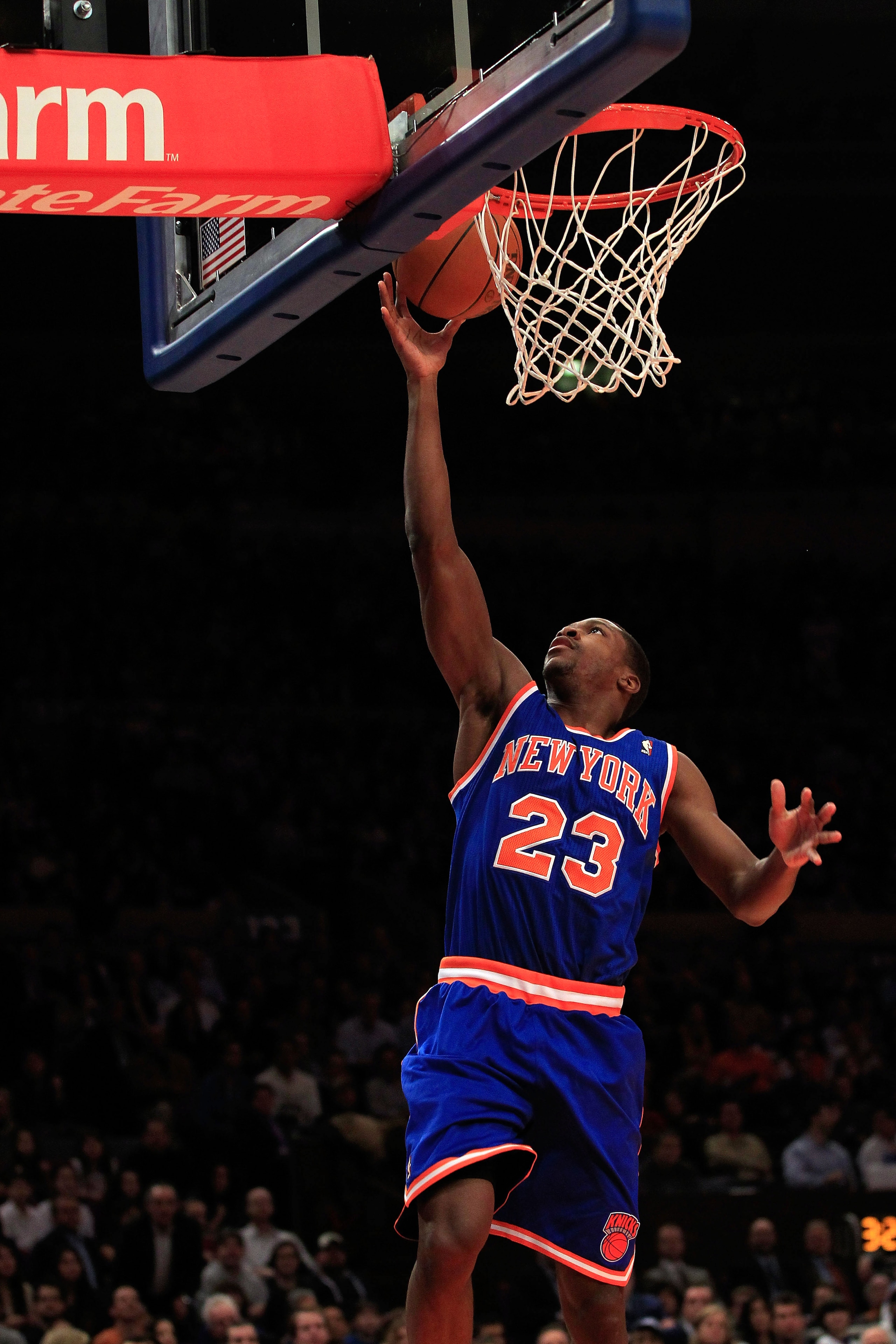 NEW YORK, NY - FEBRUARY 23: Toney Douglas #23 of the New York Knicks goes up for a basket against  the Milwaukee Bucks at Madison Square Garden on February 23, 2011 in New York City. NOTE TO USER: User expressly acknowledges and agrees that, by downloadin