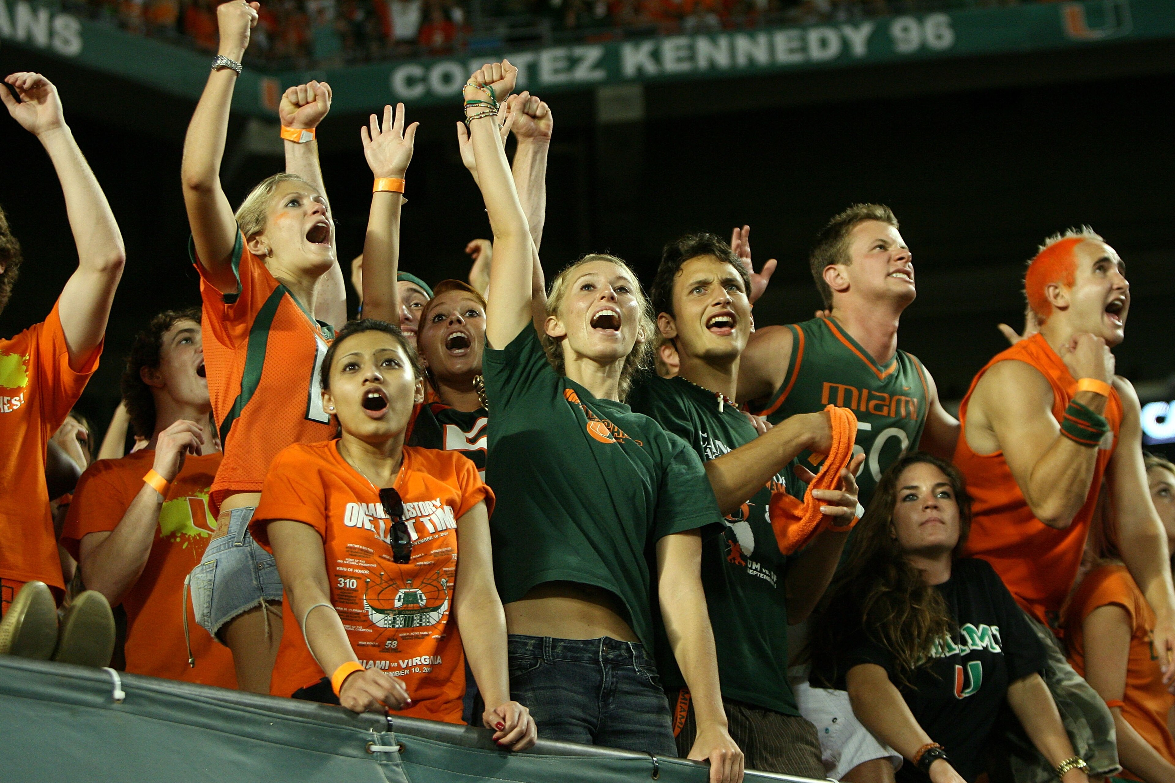 FORT LAUDERDALE, FL - OCTOBER 03: Fans for the Miami Hurricanes celebrate celebrate the game clinching first down against the Oklahoma Sooners at Land Shark Stadium on October 3, 2009 in Fort Lauderdale, Florida. Miami defeated Oklahoma 21-20. (Photo by D