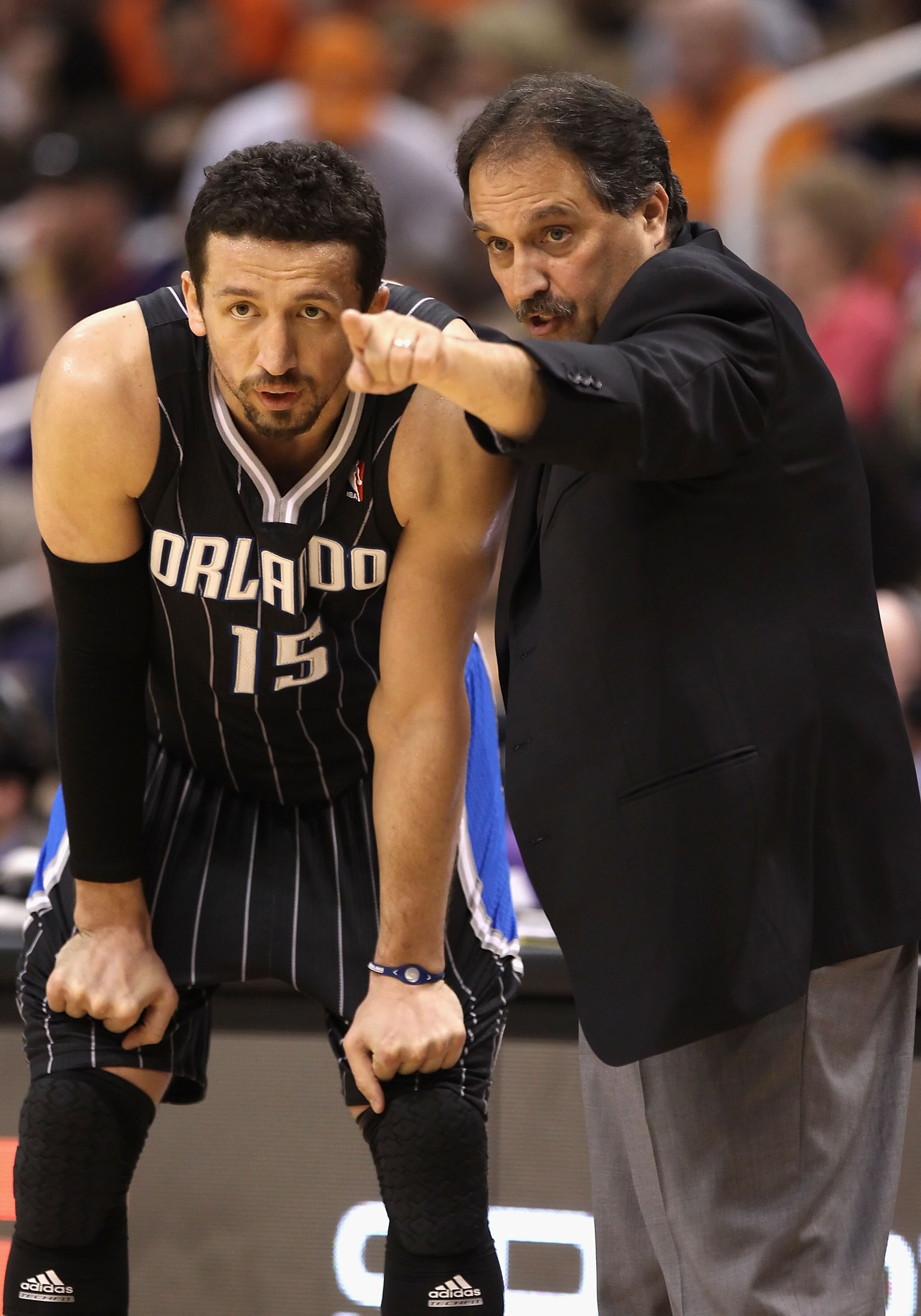 PHOENIX, AZ - MARCH 13:  Head coach Stan Van Gundy of the Orlando Magic talks with Hedo Turkoglu #15 during the NBA game against the Phoenix Suns at US Airways Center on March 13, 2011 in Phoenix, Arizona.  The Magic defeated the Suns 111-88.  NOTE TO USE