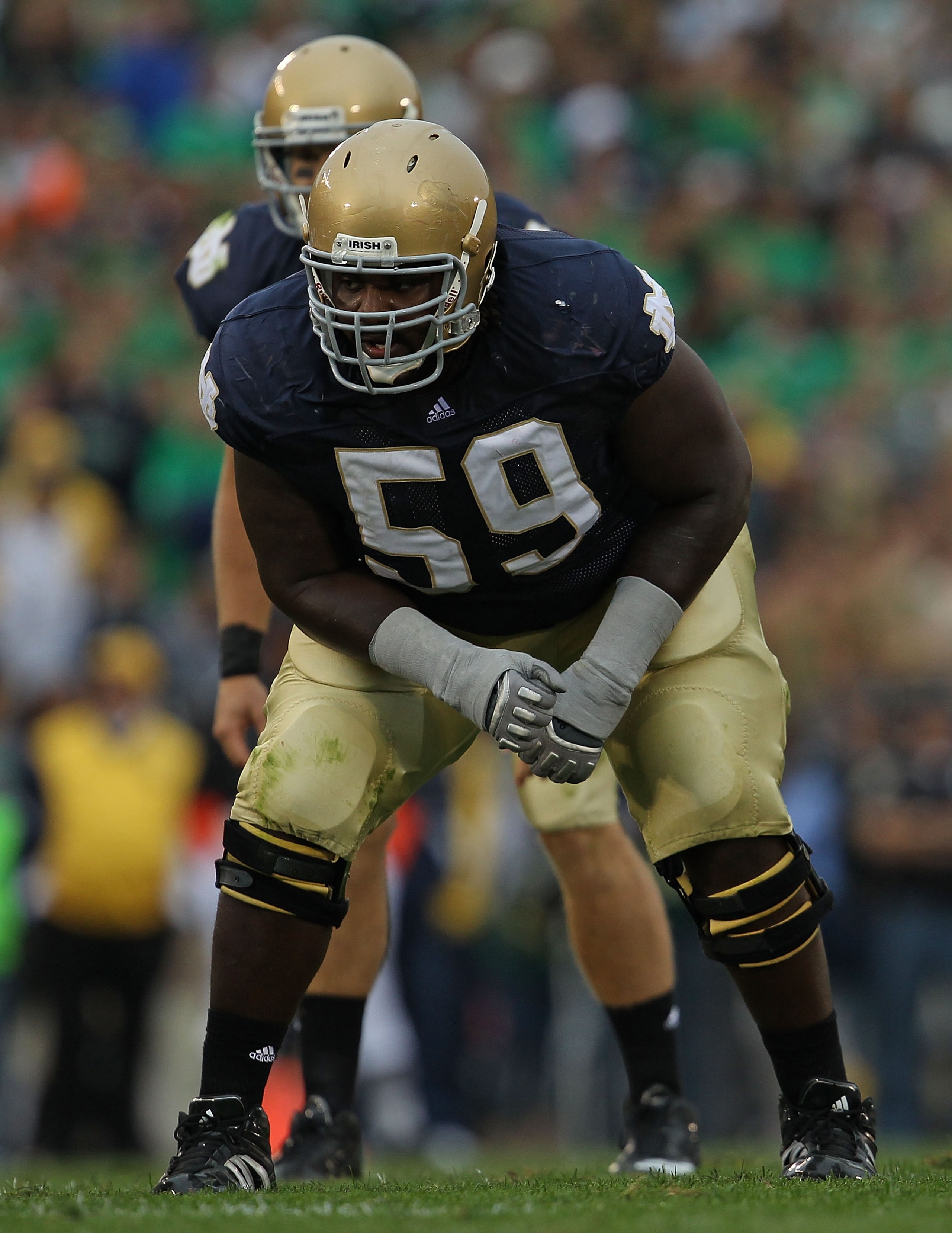 SOUTH BEND, IN - SEPTEMBER 25: Chris Stewart #59 of the Notre Dame Fighting Irish awaits the start of play against the Stanford Cardinal at Notre Dame Stadium on September 25, 2010 in South Bend, Indiana. Stanford defeated Notre Dame 37-14. (Photo by Jona