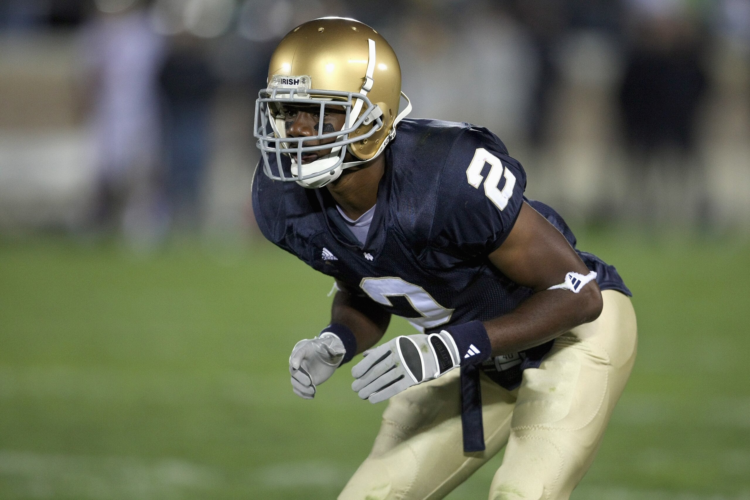 SOUTH BEND, IN - OCTOBER 13: Darrin Walls #2 of the Notre Dame Fighting Irish gets ready to move during the game against the Boston College Eagles on October 13, 2007 at Notre Dame Stadium in South Bend, Indiana. (Photo by Jonathan Daniel/Getty Images)