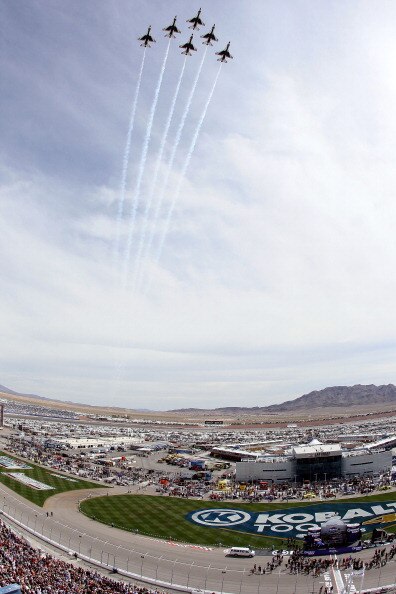 LAS VEGAS, NV - MARCH 06:  The US Air Force Thunderbirds perform a flyover during the national anthem before the NASCAR Sprint Cup Series Kobalt Tools 400 at Las Vegas Motor Speedway on March 6, 2011 in Las Vegas, Nevada.  (Photo by Jeff Gross/Getty Image