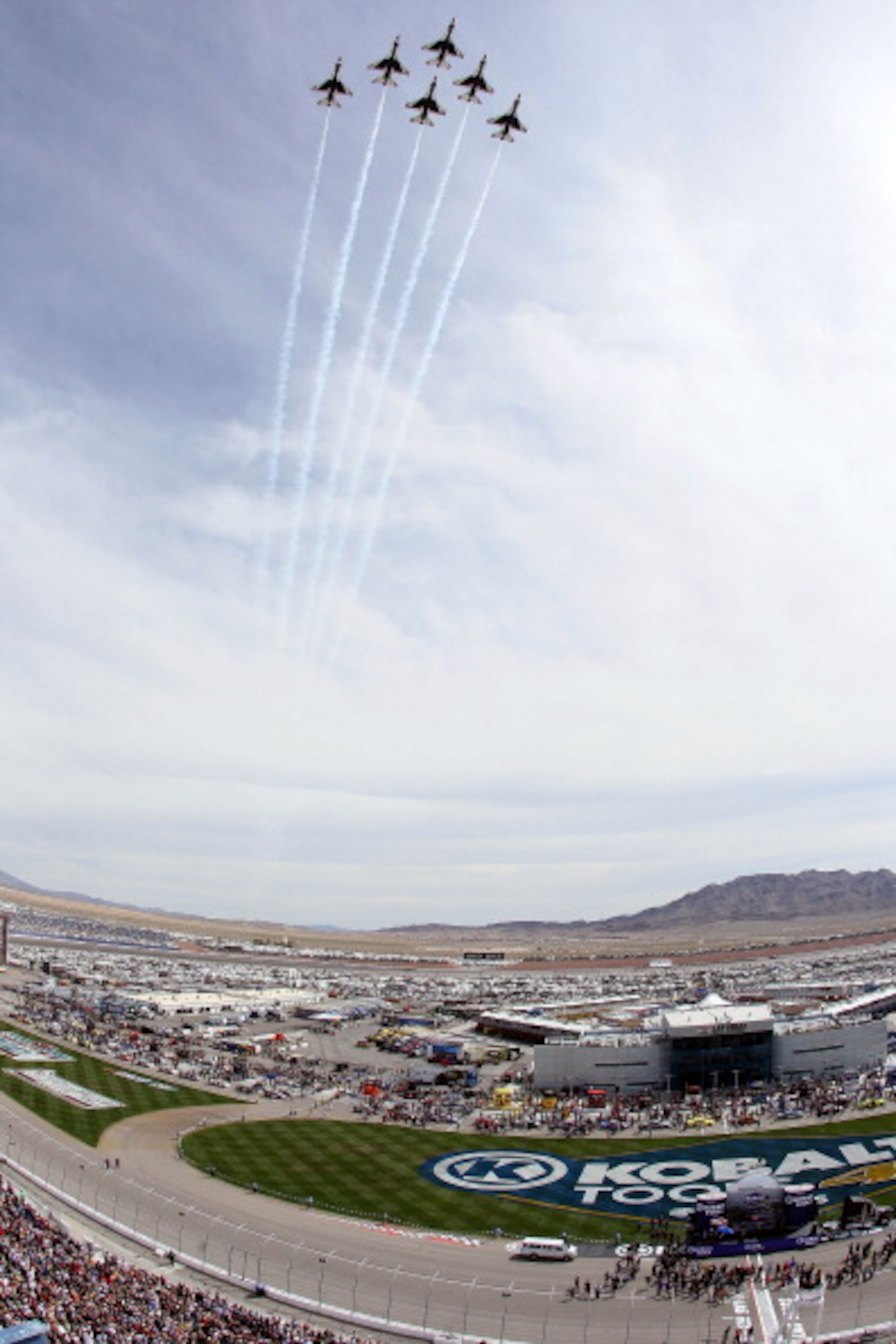 LAS VEGAS, NV - MARCH 06:  The US Air Force Thunderbirds perform a flyover during the national anthem before the NASCAR Sprint Cup Series Kobalt Tools 400 at Las Vegas Motor Speedway on March 6, 2011 in Las Vegas, Nevada.  (Photo by Jeff Gross/Getty Image