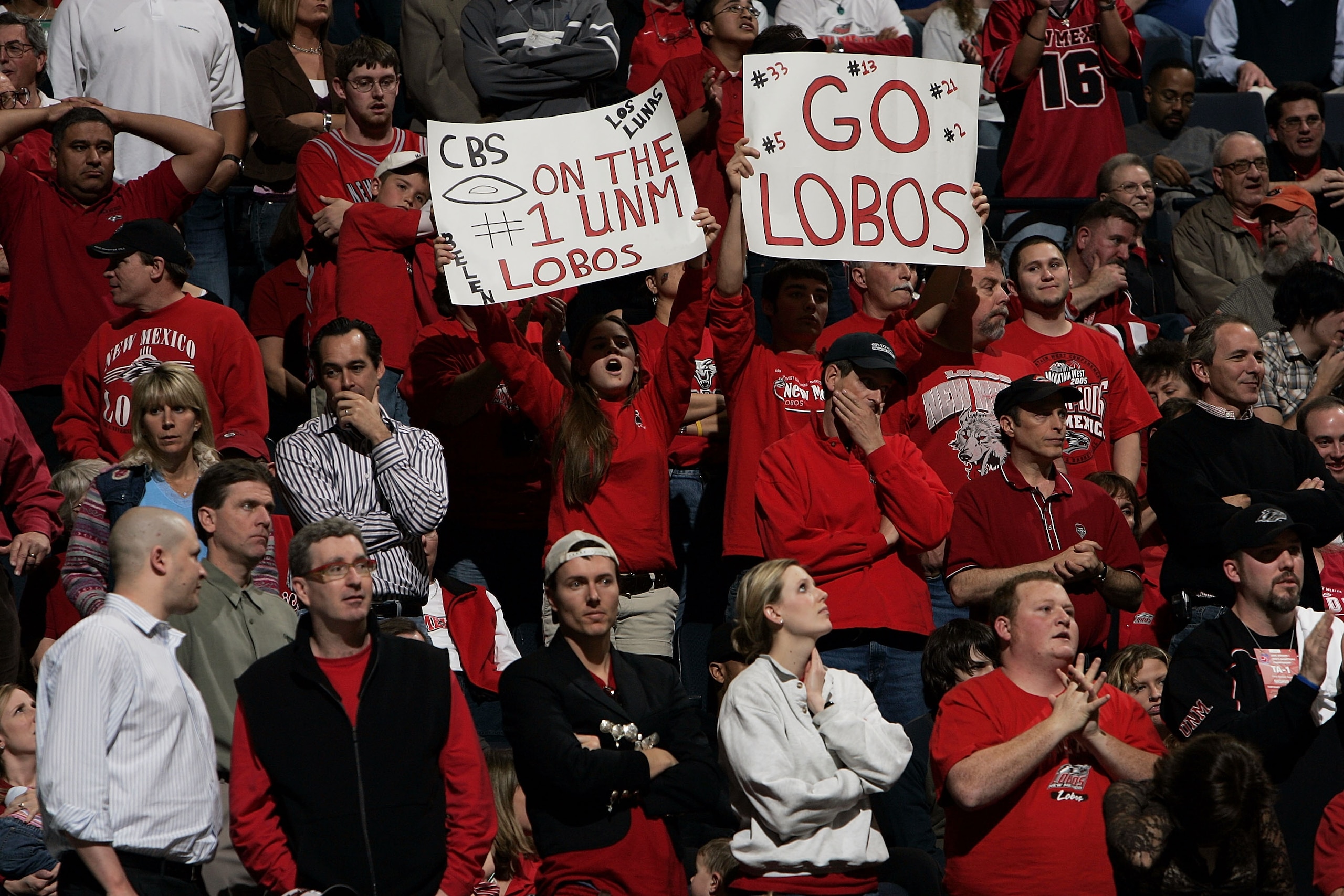 NASHVILLE, TN - MARCH 18:  Fans for the New Mexico Lobos watch with mixed reactions late in the game as the Lobos take on the Villanova Wildcats in the first round of the NCAA Division I Men's Basketball Championship at the Gaylord Entertainment Center on