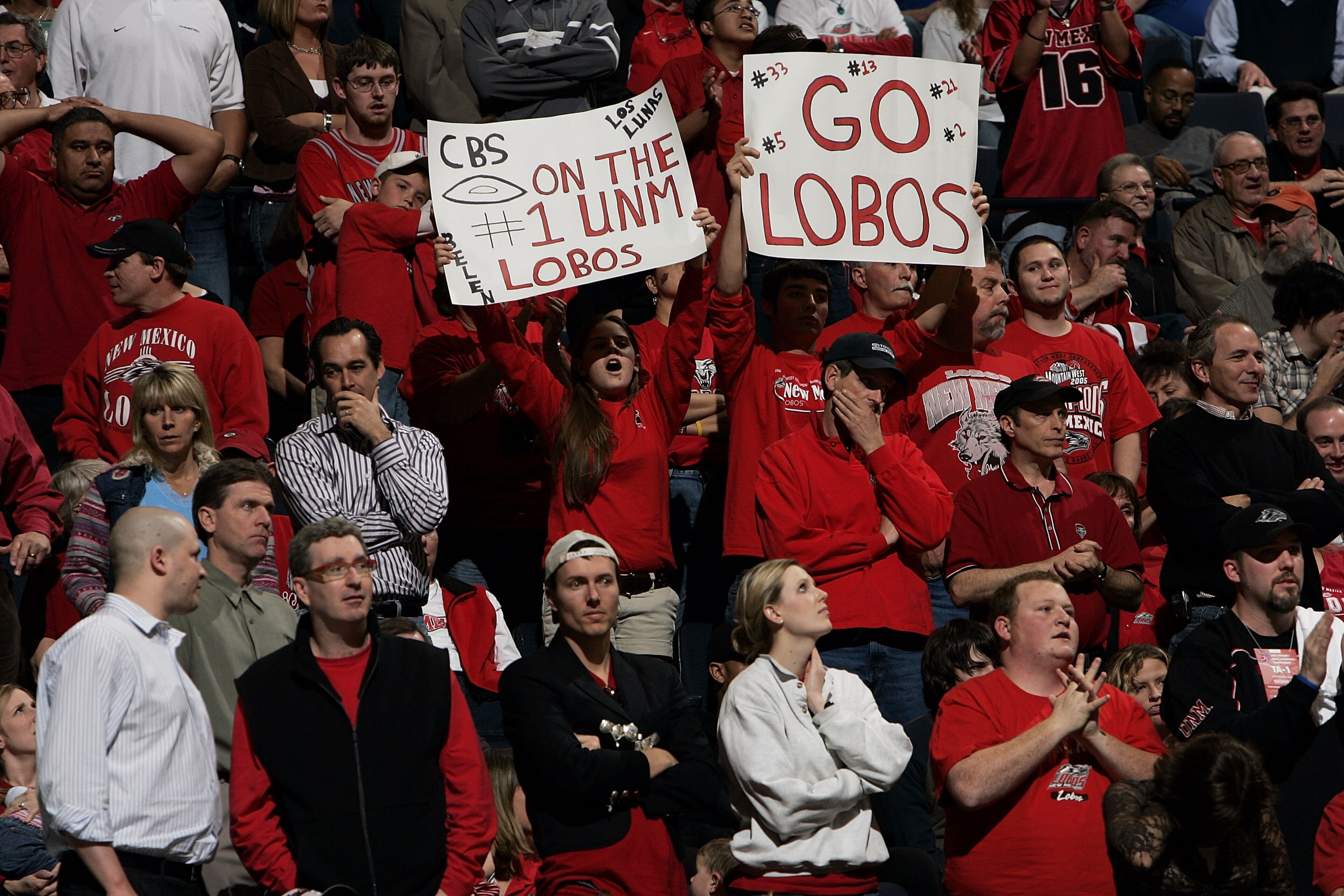 NASHVILLE, TN - MARCH 18:  Fans for the New Mexico Lobos watch with mixed reactions late in the game as the Lobos take on the Villanova Wildcats in the first round of the NCAA Division I Men's Basketball Championship at the Gaylord Entertainment Center on