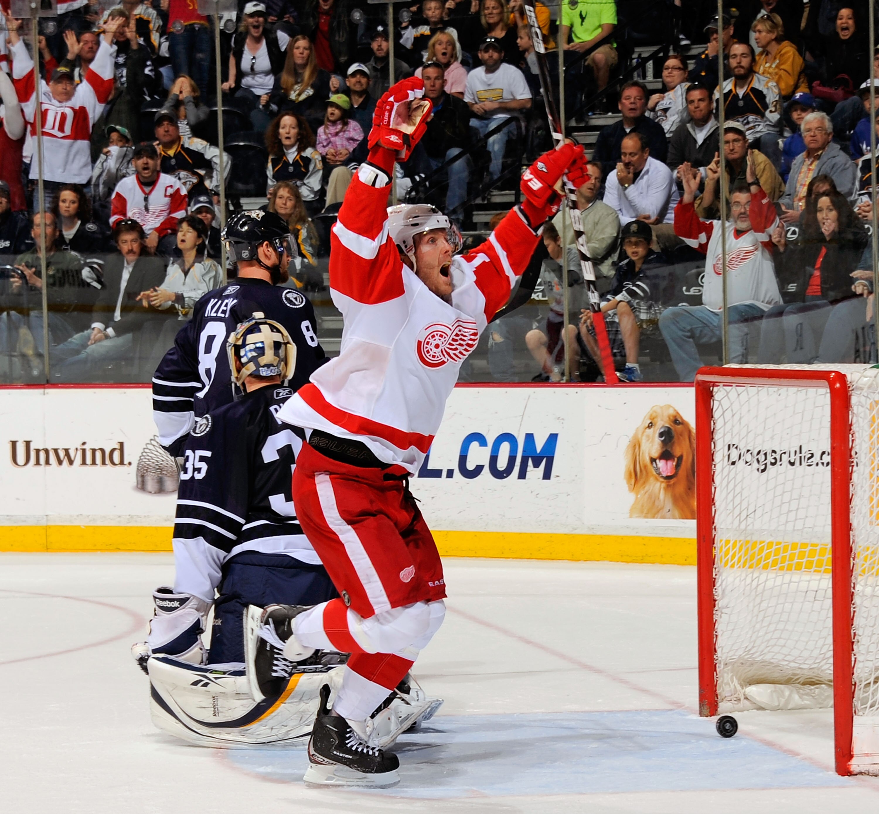NASHVILLE, TN - APRIL 02: Danny Cleary #11 of the Detroit Red Wings celebrates after scoring the overtime game winning goal against Pekka Rinne #35 of the Nashville Predators on April 2, 2011 at the Bridgestone Arena in Nashville, Tennessee.  (Photo by Fr