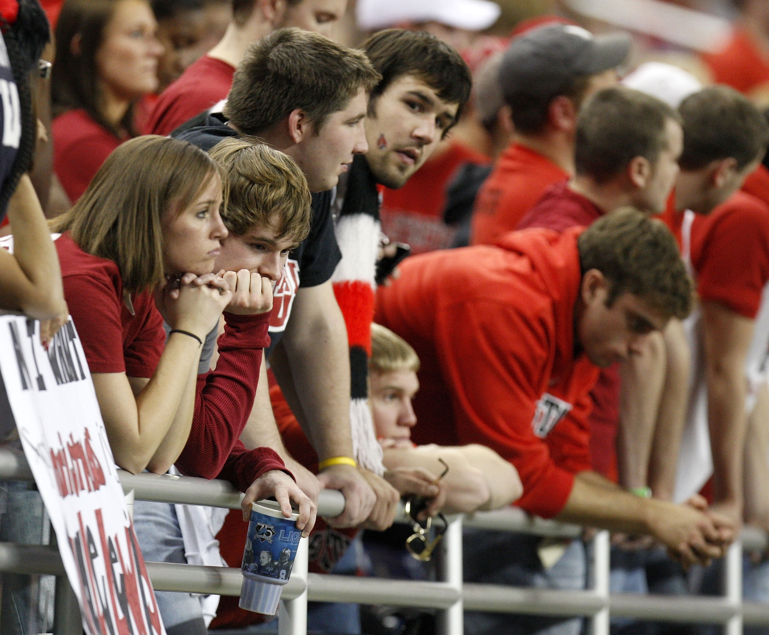 DETROIT - DECEMBER 05: Fans of the Ball State Cardinals react after a fourth quarter touchdown by the Buffalo Bulls in the MAC Championship game on December 5, 2008 at Ford Field in Detroit, Michigan. (Photo by Gregory Shamus/Getty Images)