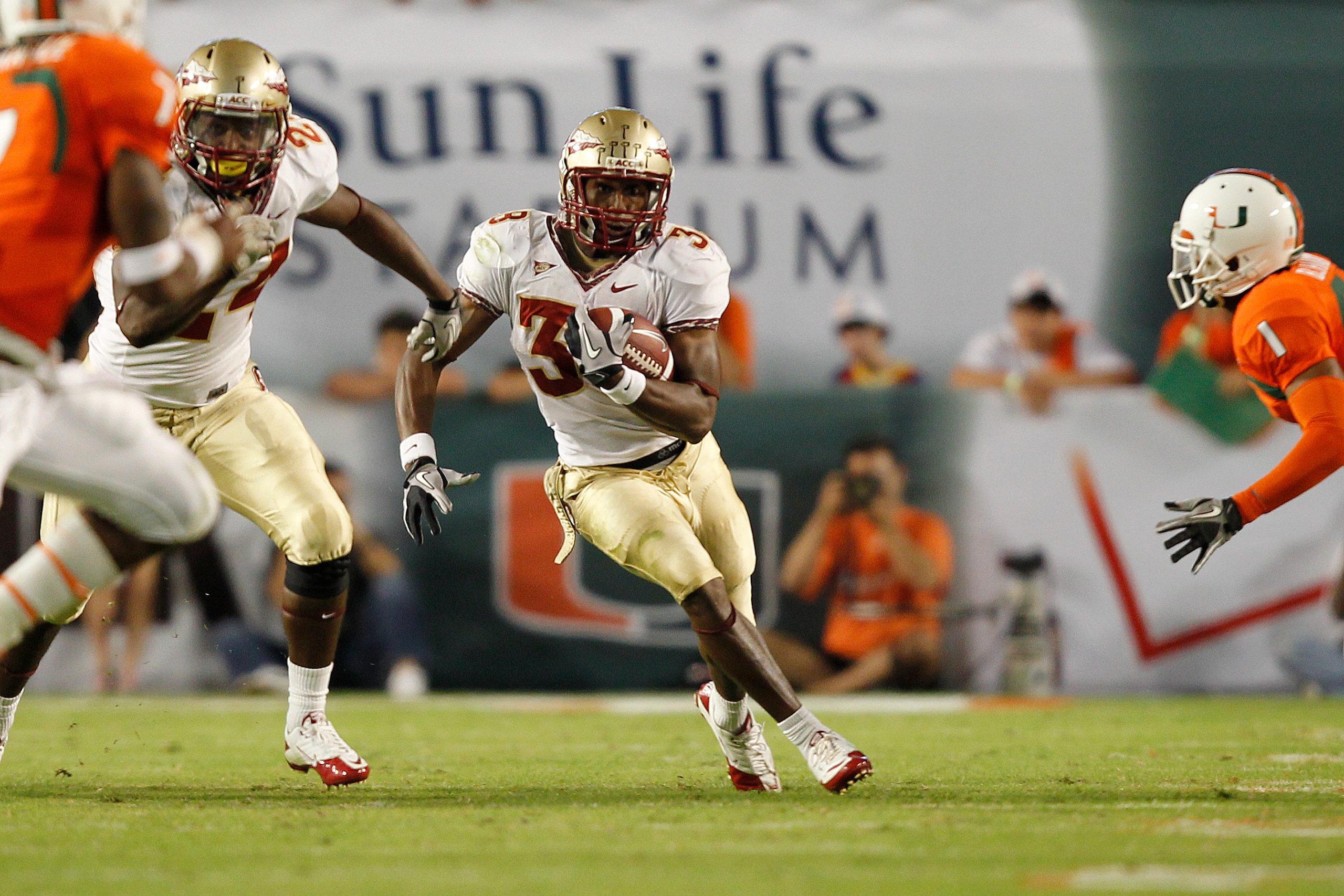 MIAMI, FL - OCTOBER 9: Jermaine Thomas #38 of the Florida State Seminoles runs with the ball against the Miami Hurricanes on October 9, 2010 at Sun Life Stadium in Miami, Florida. (Photo by Joel Auerbach/Getty Images)