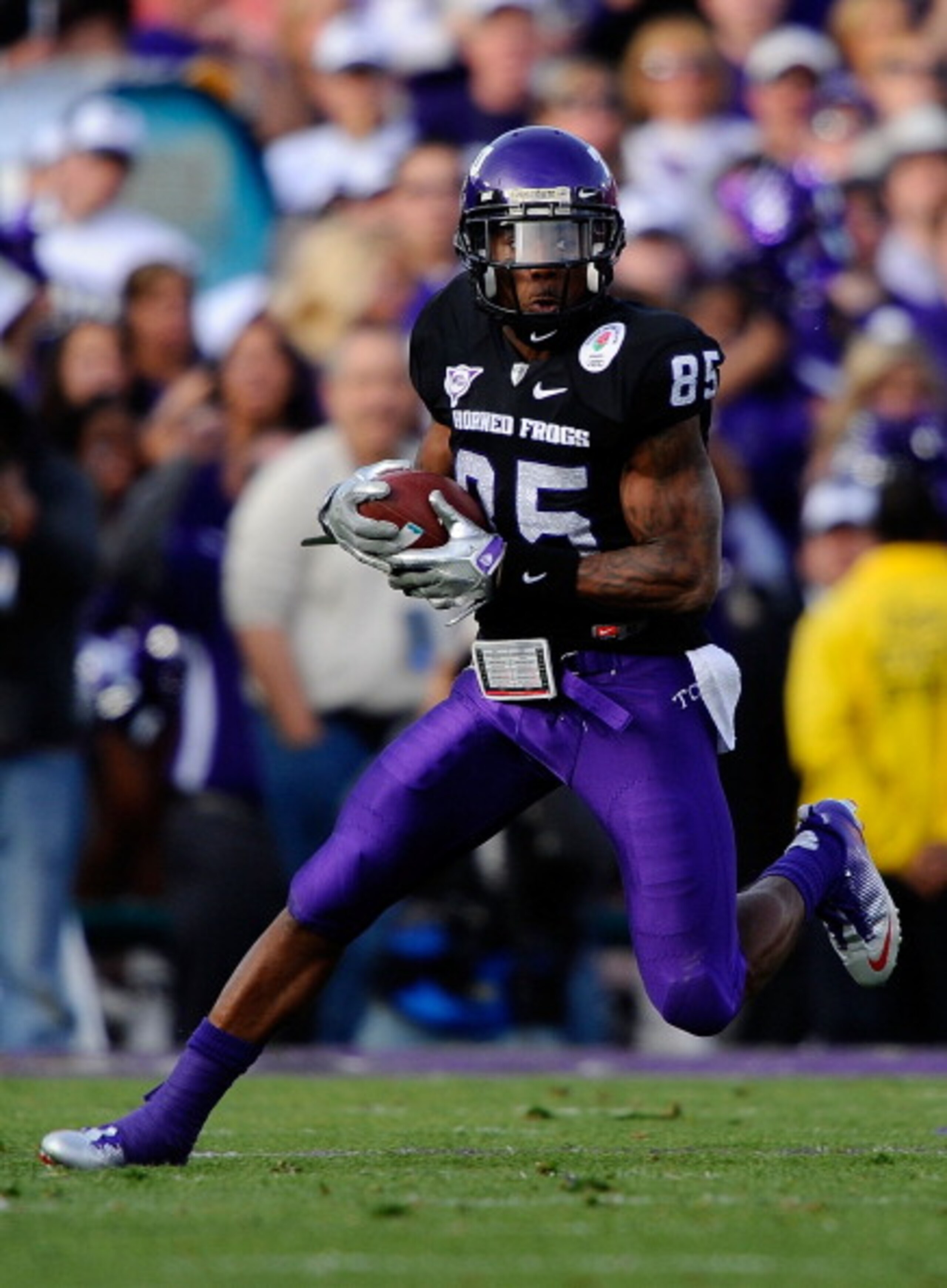 PASADENA, CA - JANUARY 01: Wide receiver Jeremy Kerley #85 of the TCU Horned Frogs runs with the ball against the Wisconsin Badgers in the 97th Rose Bowl game on January 1, 2011 in Pasadena, California. (Photo by Kevork Djansezian/Getty Images) PASADENA, CA - JANUARY 01: Wide receiver Jeremy Kerley #85 of the TCU Horned Frogs runs with the ball against the Wisconsin Badgers in the 97th Rose Bowl game on January 1, 2011 in Pasadena, California. (Photo by Kevork Djansezian/Getty Images)