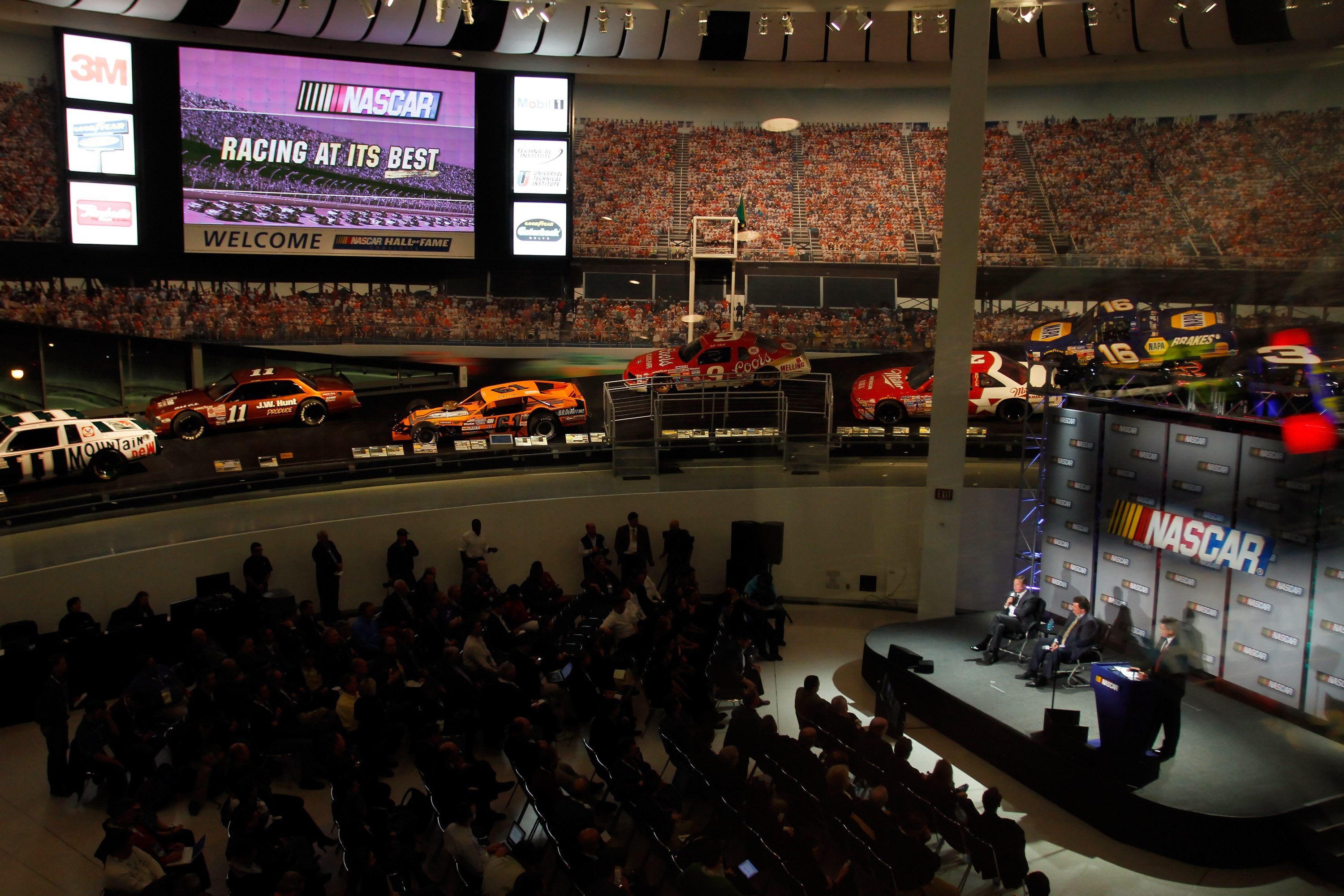 CHARLOTTE, NC - JANUARY 26:  NASCAR CEO and Chairman Brian France (L) and President Mike Helton, speak with the media during the NASCAR Sprint Media Tour hosted by Charlotte Motor Speedway, held at the NASCAR Hall of Fame on January 26, 2011 in Charlotte,