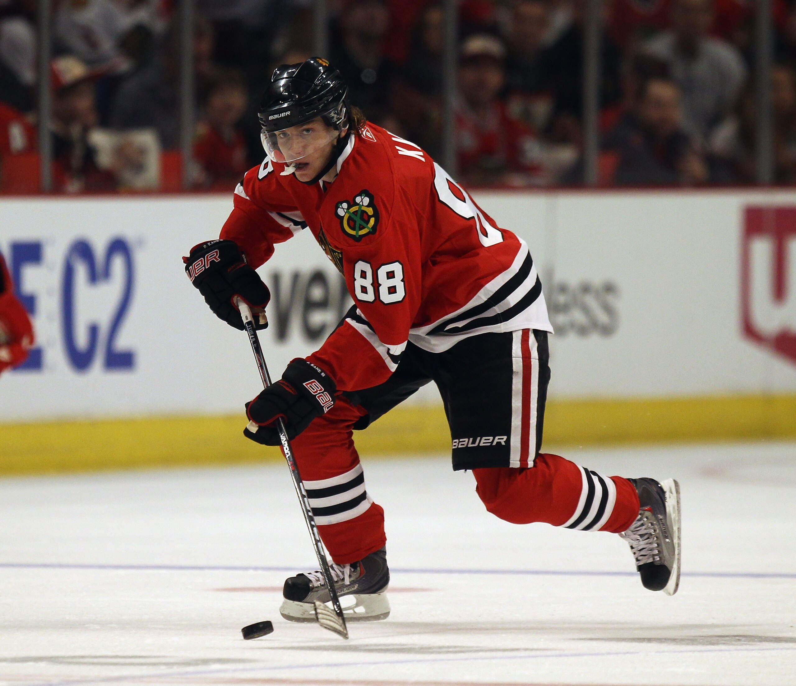 CHICAGO, IL - APRIL 10: Patrick Kane #88 of the Chicago Blackhawks controls the puck against the Detroit Red Wings at the United Center on April 10, 2011 in Chicago, Illinois. The Red Wings defeated the Blackhawks 4-3. (Photo by Jonathan Daniel/Getty Imag CHICAGO, IL - APRIL 10: Patrick Kane #88 of the Chicago Blackhawks controls the puck against the Detroit Red Wings at the United Center on April 10, 2011 in Chicago, Illinois. The Red Wings defeated the Blackhawks 4-3. (Photo by Jonathan Daniel/Getty Imag