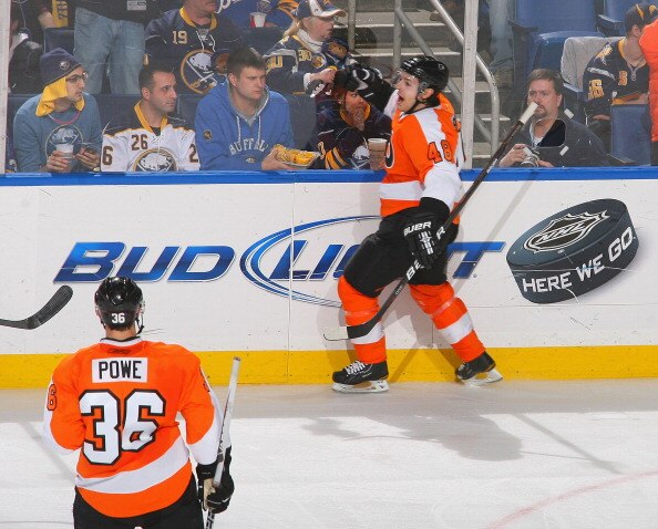 BUFFALO, NY - APRIL 08:  Daniel Briere #48  of the Philadelphia Flyers celebrates scoring Philadelphia's third goal against the Buffalo Sabres  at HSBC Arena on April 8, 2011 in Buffalo, New York.  (Photo by Rick Stewart/Getty Images)