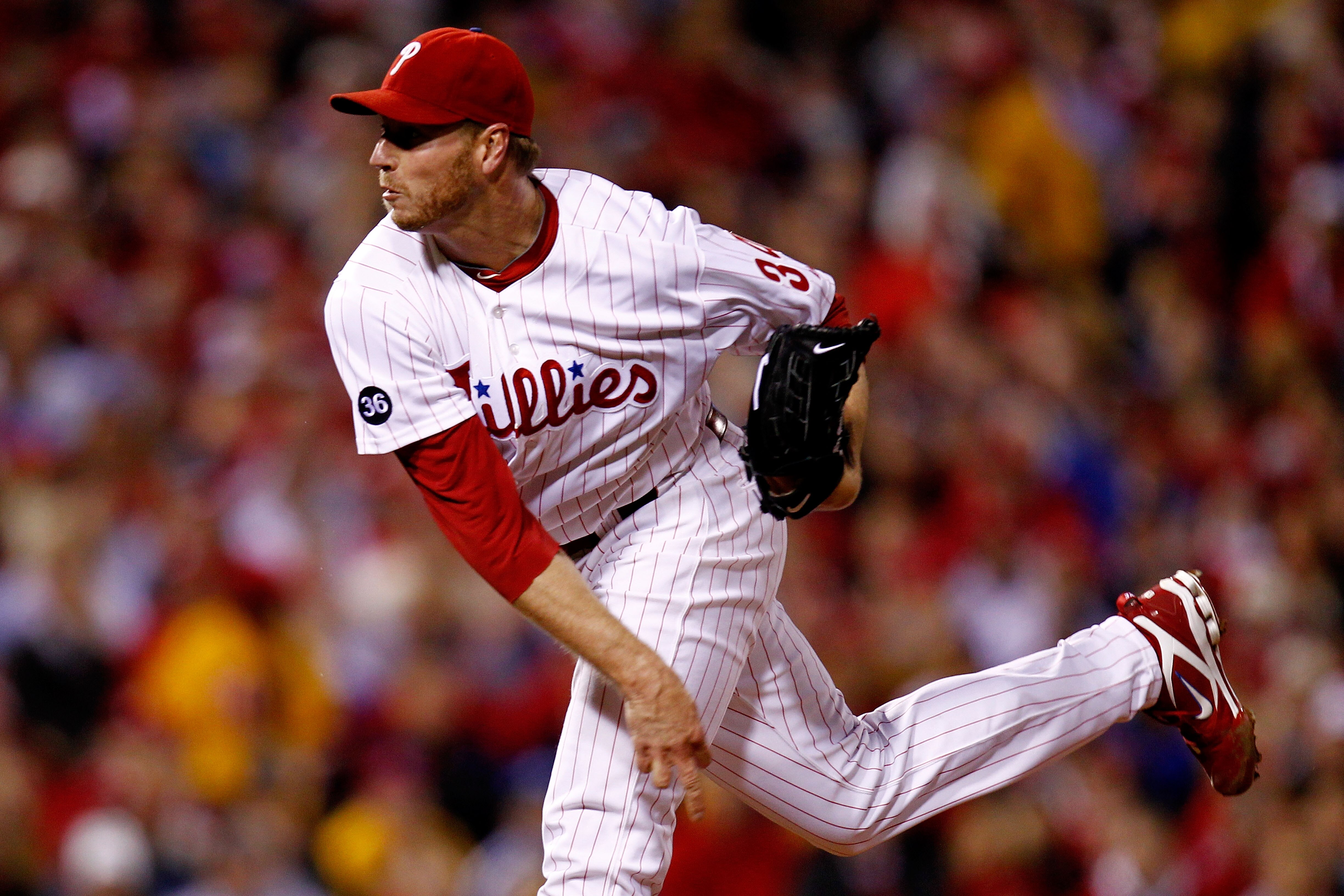 PHILADELPHIA - OCTOBER 16:  Roy Halladay #34 of the Philadelphia Phillies pitches in the first inning against the San Francisco Giants in Game One of the NLCS during the 2010 MLB Playoffs at Citizens Bank Park on October 16, 2010 in Philadelphia, Pennsylv