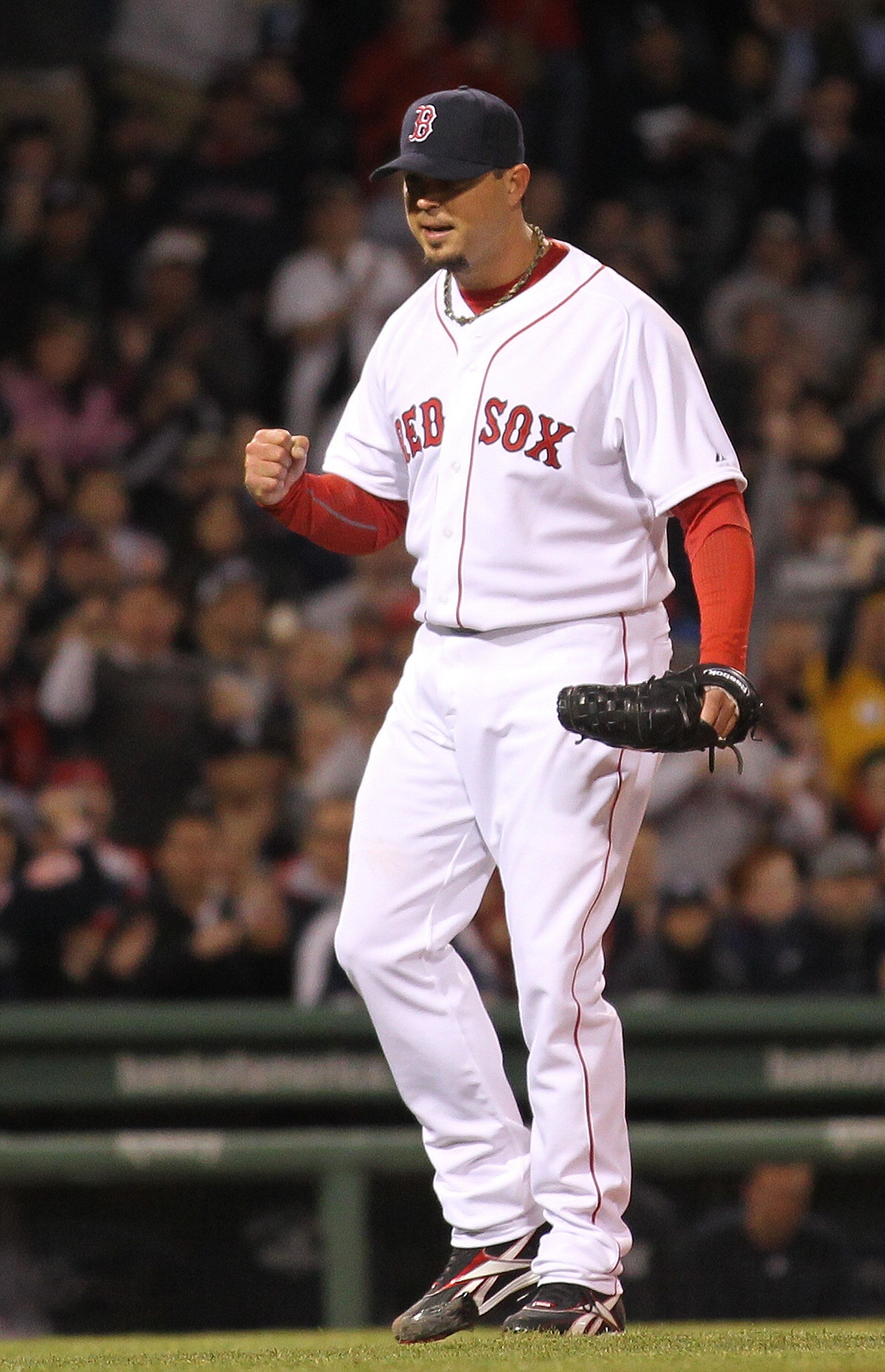 BOSTON, MA - APRIL 10: Josh Beckett #19 of the Boston Red Sox reacts after his teammate completed a double play against the New York Yankees at Fenway Park April 10, 2011 in Boston, Massachusetts. (Photo by Jim Rogash/Getty Images)