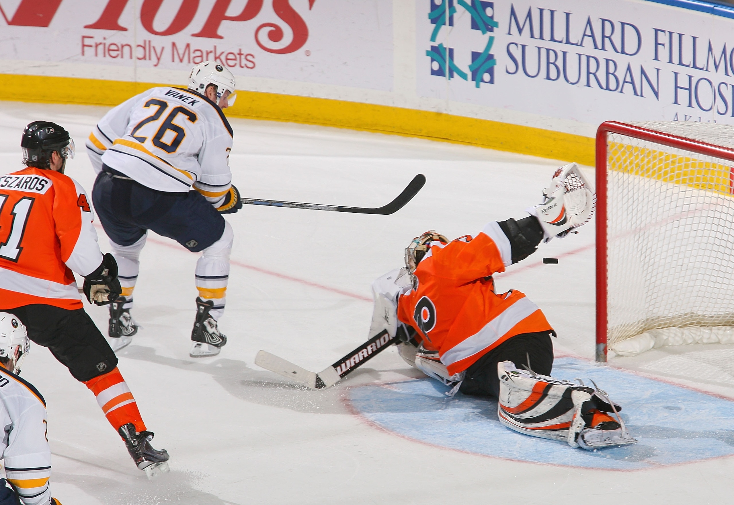 BUFFALO, NY - APRIL 08: Thomas Vanek #26 of the Buffalo Sabres gets the puck behind Sergei Bobrovsky #35 of the Philadelphia Flyers for the game winning goal in overtime at HSBC Arena on April 8, 2011 in Buffalo, New York. Buffalo won 4-3 in overtime. (Ph BUFFALO, NY - APRIL 08: Thomas Vanek #26 of the Buffalo Sabres gets the puck behind Sergei Bobrovsky #35 of the Philadelphia Flyers for the game winning goal in overtime at HSBC Arena on April 8, 2011 in Buffalo, New York. Buffalo won 4-3 in overtime. (Ph