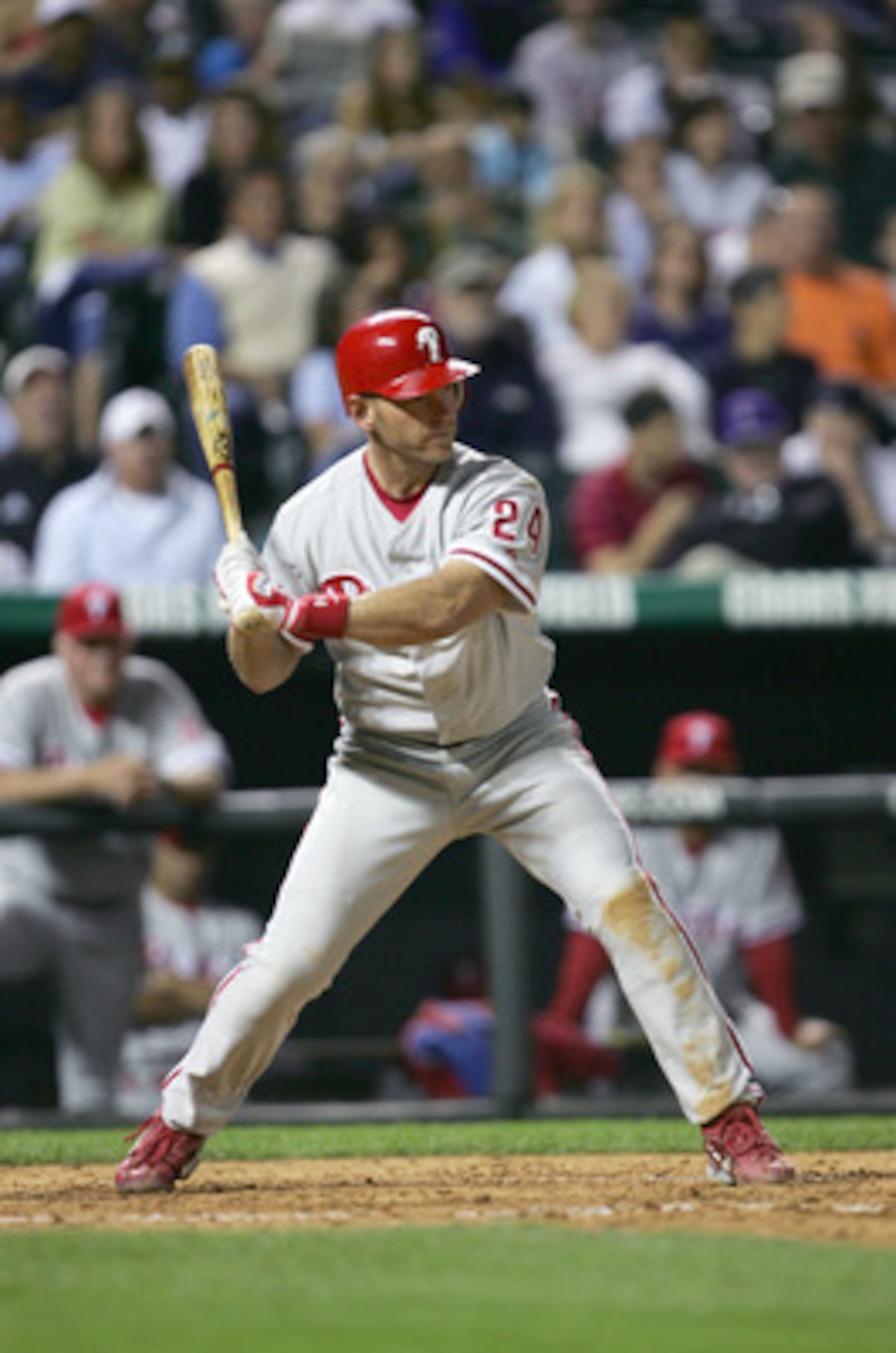DENVER - APRIL 14:  Catcher Mike Lieberthal #24 of the Philadelphia Phillies stands ready at bat during the game against the Colorado Rockies at Coors Field on April 14, 2006 in Denver, Colorado. (Photo by: Doug Pensinger/Getty Images)