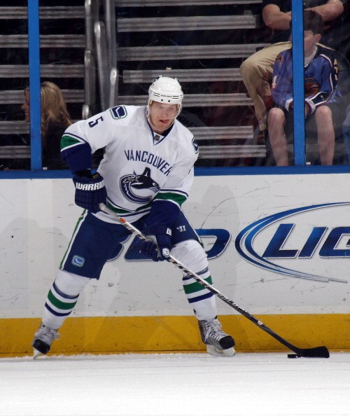 ATLANTA, GA - MARCH 25:  Christian Ehrhoff #5 of the Vancouver Canucks skates against the Atlanta Thrashers at the Philips Arena on March 25, 2011 in Atlanta, Georgia.  (Photo by Bruce Bennett/Getty Images)