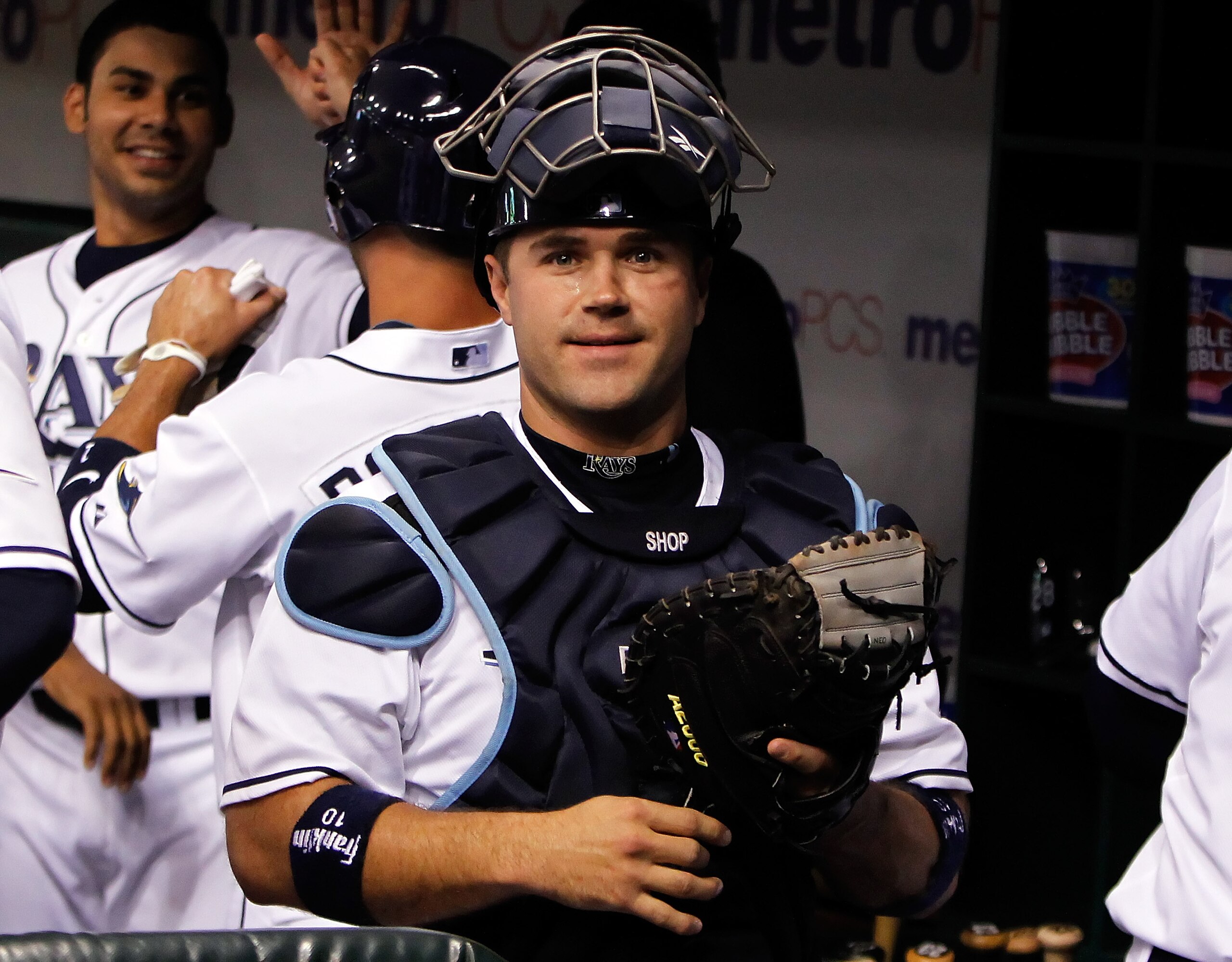 ST. PETERSBURG - AUGUST 31:  Catcher Kelly Shoppach #10 of the Tampa Bay Rays smiles as he enters the field against the Toronto Blue Jays during the game at Tropicana Field on August 31, 2010 in St. Petersburg, Florida.  (Photo by J. Meric/Getty Images)