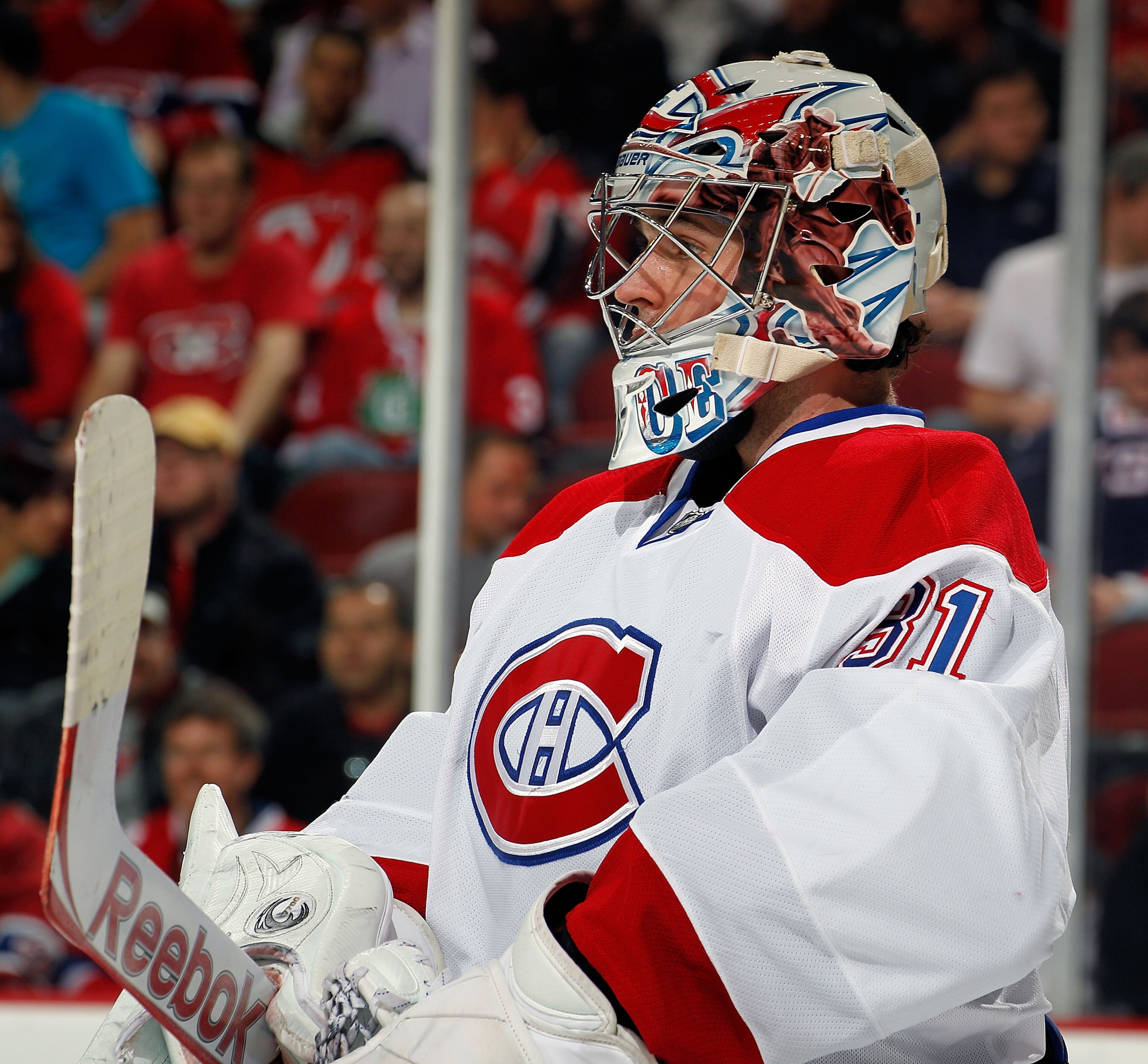 NEWARK, NJ - APRIL 02:  Goalie Carey Price #31 of the Montreal Canadians looks over during a timeout in an NHL hockey game against the New Jersey Devils at the Prudential Center on April 2, 2011 in Newark, New Jersey.  (Photo by Paul Bereswill/Getty Image