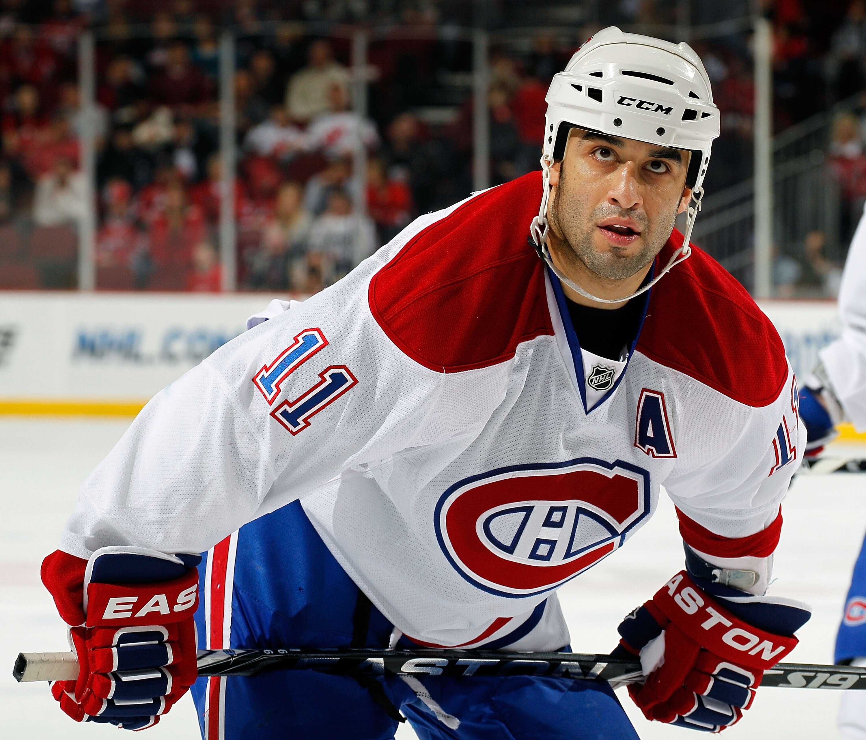 NEWARK, NJ - APRIL 02:  Scott Gomez #11 of the Montreal Canadians waits for a faceoff during an NHL hockey game against the New Jersey Devils at the Prudential Center on April 2, 2011 in Newark, New Jersey.  (Photo by Paul Bereswill/Getty Images)