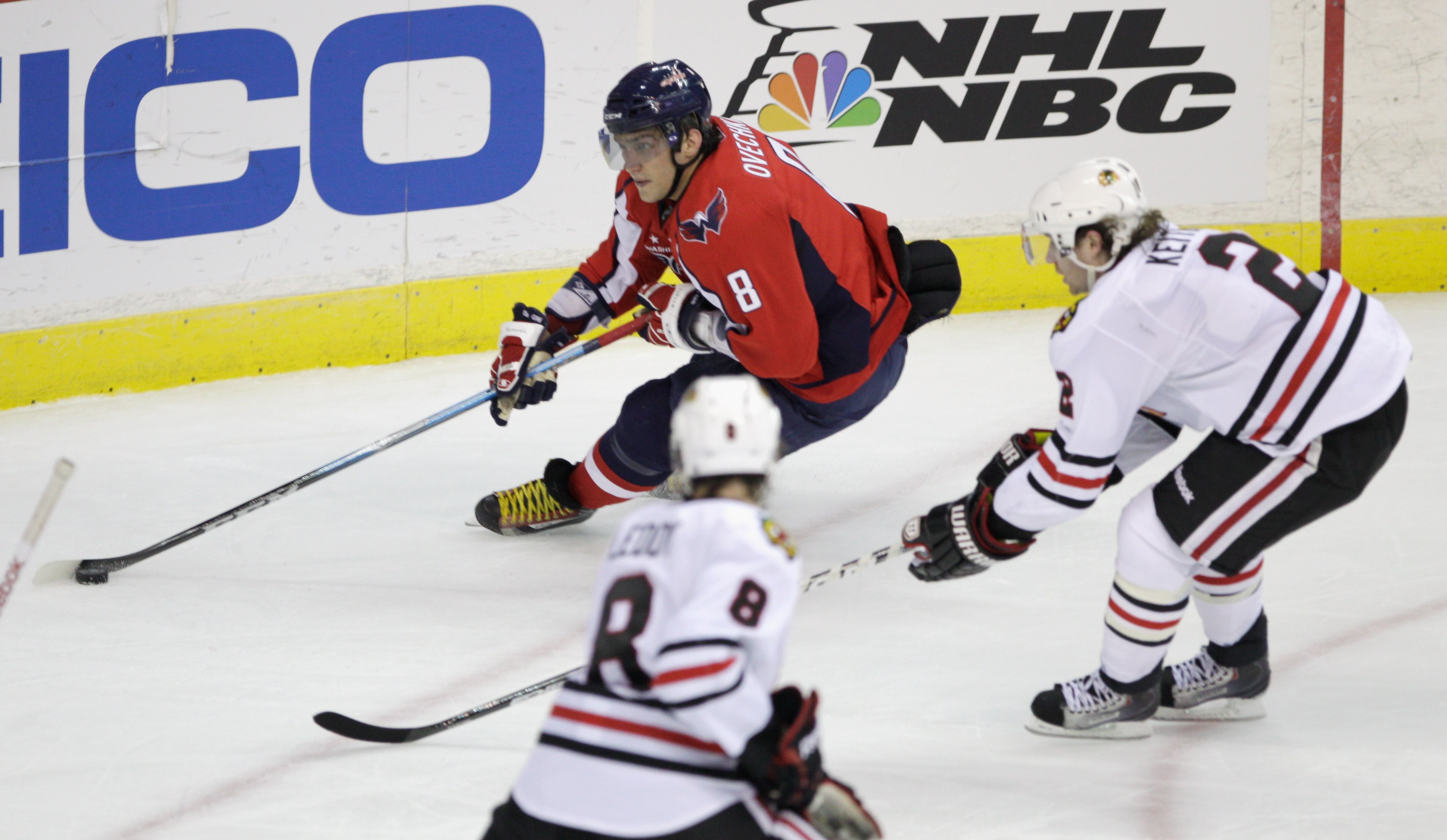 WASHINGTON, DC - MARCH 13: Alex Ovechkin #8  of the Washington Capitals skates with puck against the Chicago Blackhawks at the Verizon Center on March 13, 2011 in Washington, DC.  (Photo by Rob Carr/Getty Images)