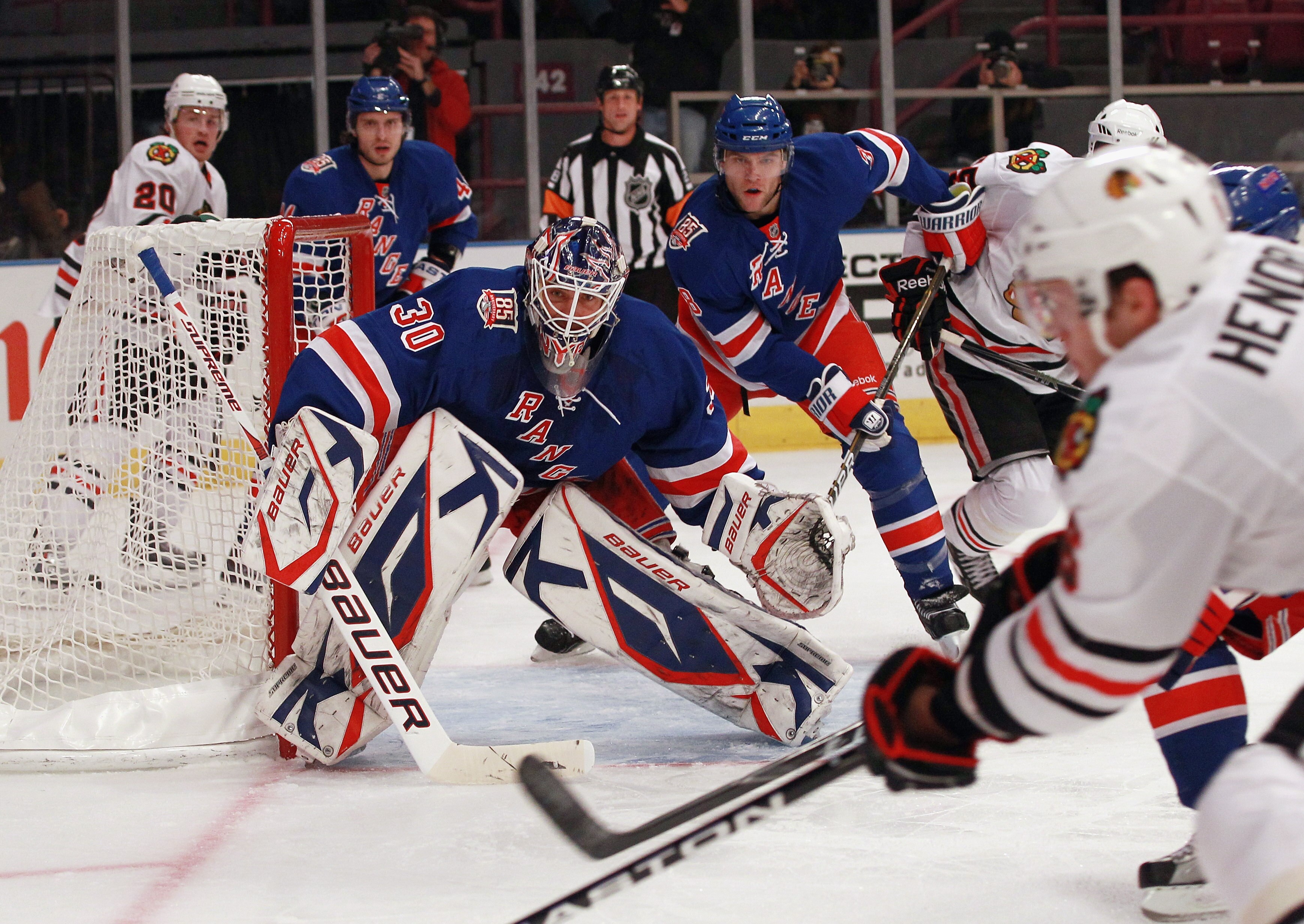 NEW YORK - NOVEMBER 01: Henrik Lundqvist #30 of the New York Rangers tends net against the Chicago Blackhawks at Madison Square Garden on November 1, 2010 in New York City. The Rangers defeated the Blackhawks 3-2.  (Photo by Bruce Bennett/Getty Images)