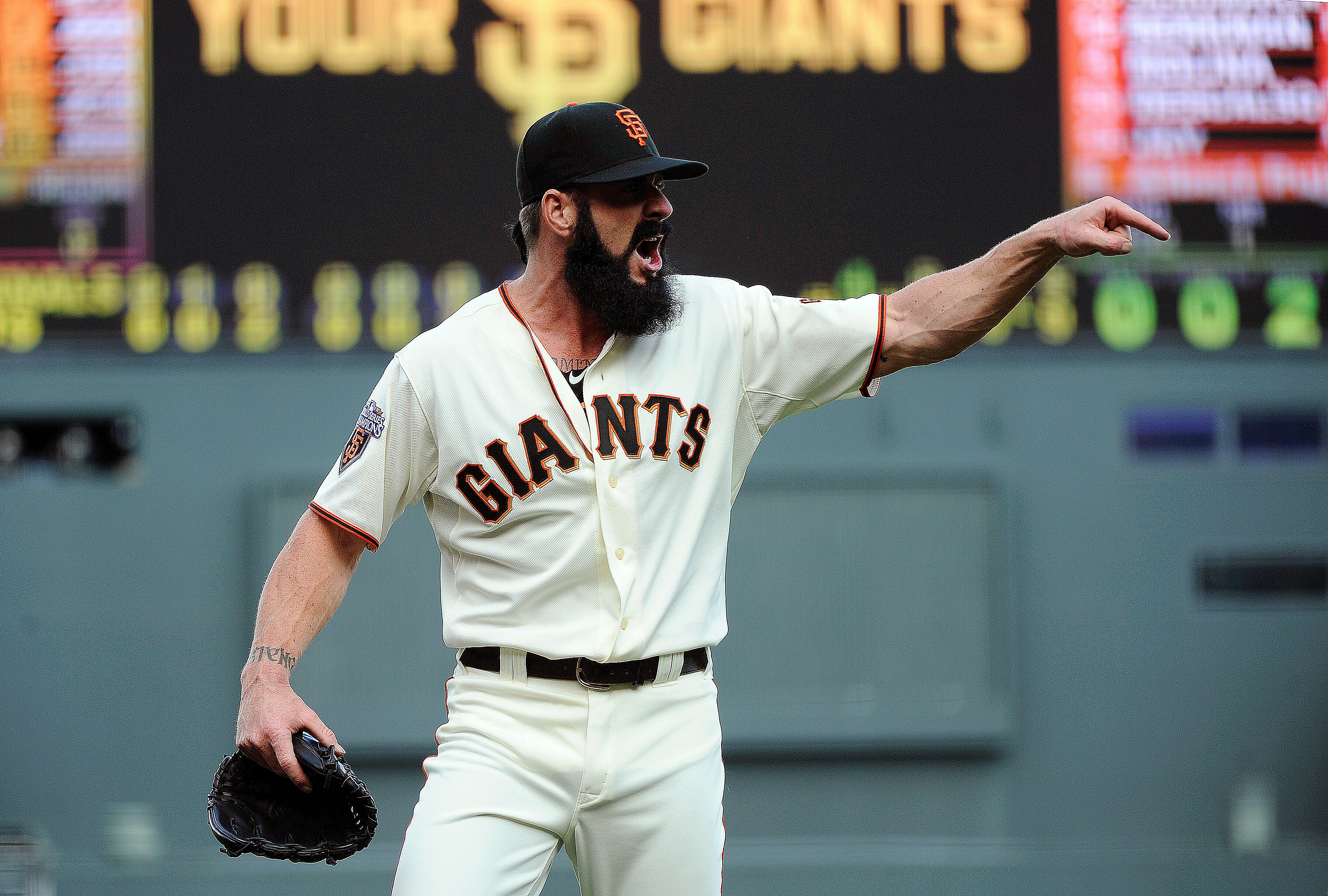 SAN FRANCISCO, CA - APRIL 8: Brian Wilson #38 of the San Francisco Giants reacts after being taken out of the game against the St. Louis Cardinals in the 9th inning during a MLB baseball game at AT&T Park April 8, 2011 in San Francisco, California. The Gi