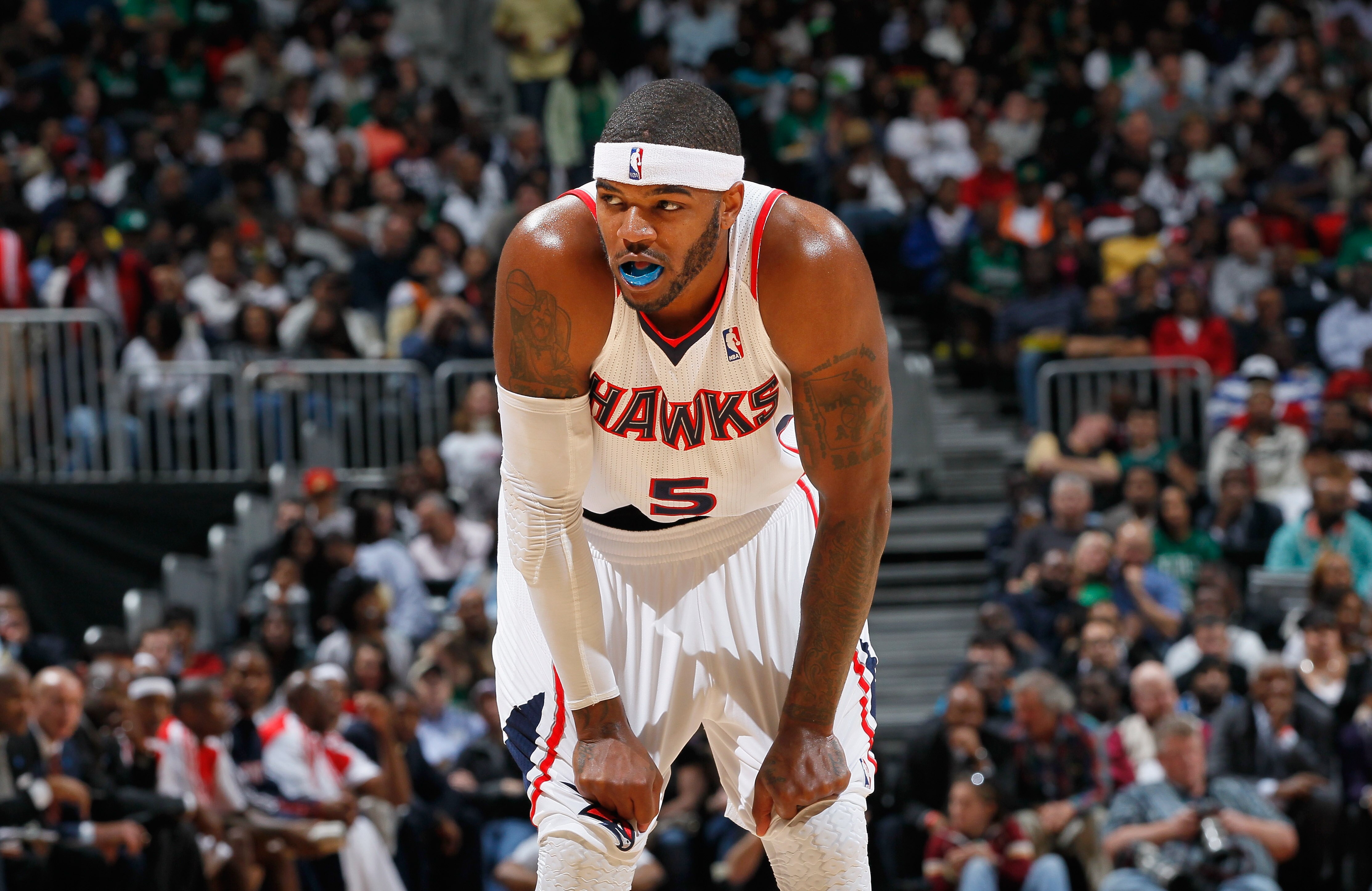 ATLANTA, GA - APRIL 01:  Josh Smith #5 of the Atlanta Hawks against the Boston Celtics at Philips Arena on April 1, 2011 in Atlanta, Georgia.  NOTE TO USER: User expressly acknowledges and agrees that, by downloading and/or using this Photograph, user is