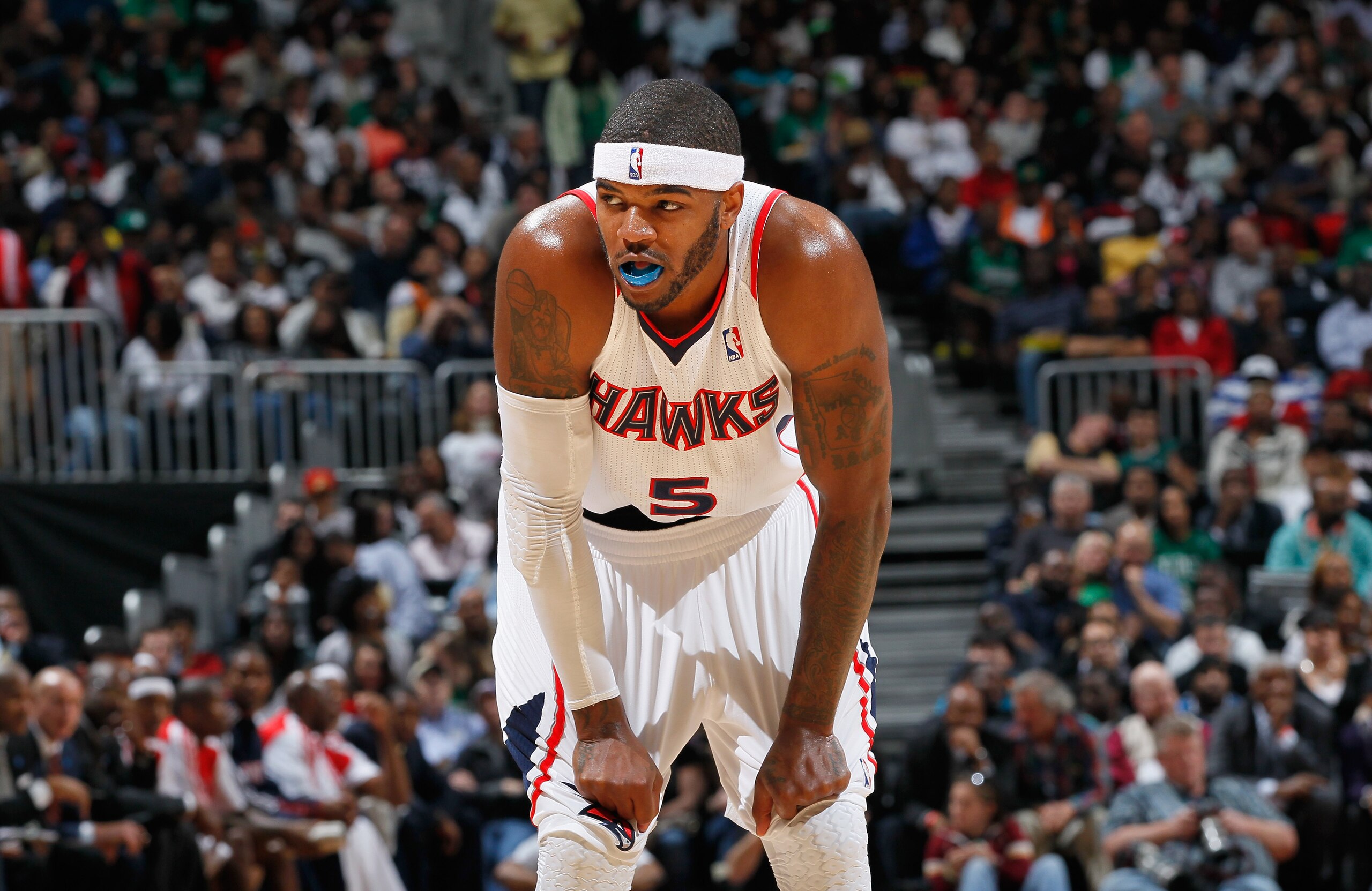 ATLANTA, GA - APRIL 01:  Josh Smith #5 of the Atlanta Hawks against the Boston Celtics at Philips Arena on April 1, 2011 in Atlanta, Georgia.  NOTE TO USER: User expressly acknowledges and agrees that, by downloading and/or using this Photograph, user is