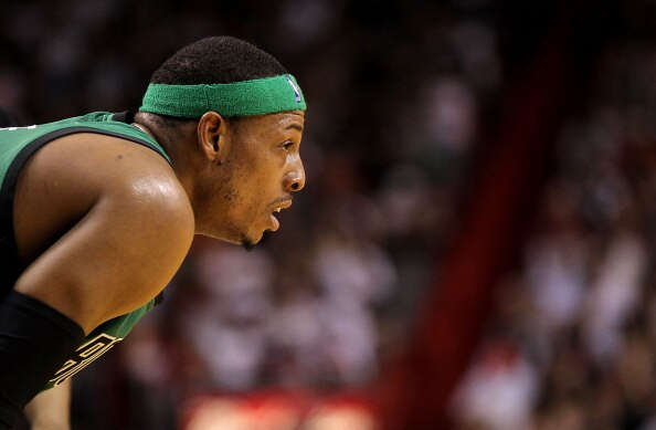 MIAMI, FL - APRIL 10: Paul Pierce #34 of the Boston Celtics looks on during a game against the Miami Heat  at American Airlines Arena on April 10, 2011 in Miami, Florida. NOTE TO USER: User expressly acknowledges and agrees that, by downloading and/or usi