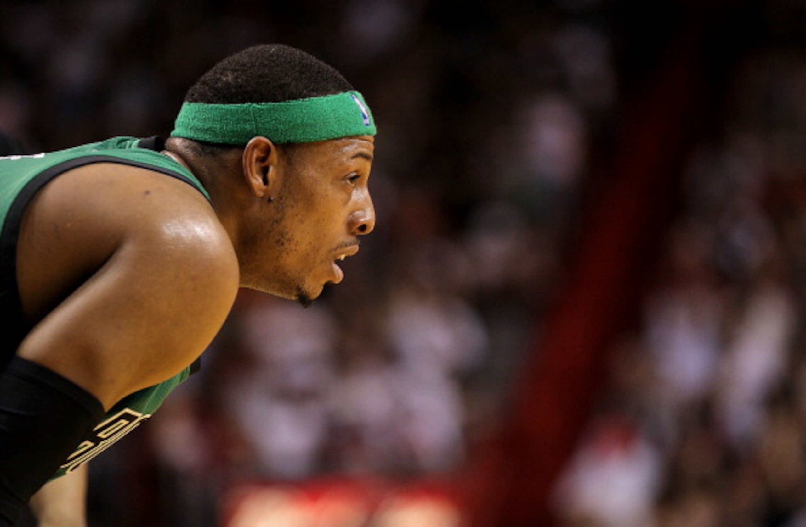 MIAMI, FL - APRIL 10: Paul Pierce #34 of the Boston Celtics looks on during a game against the Miami Heat  at American Airlines Arena on April 10, 2011 in Miami, Florida. NOTE TO USER: User expressly acknowledges and agrees that, by downloading and/or usi