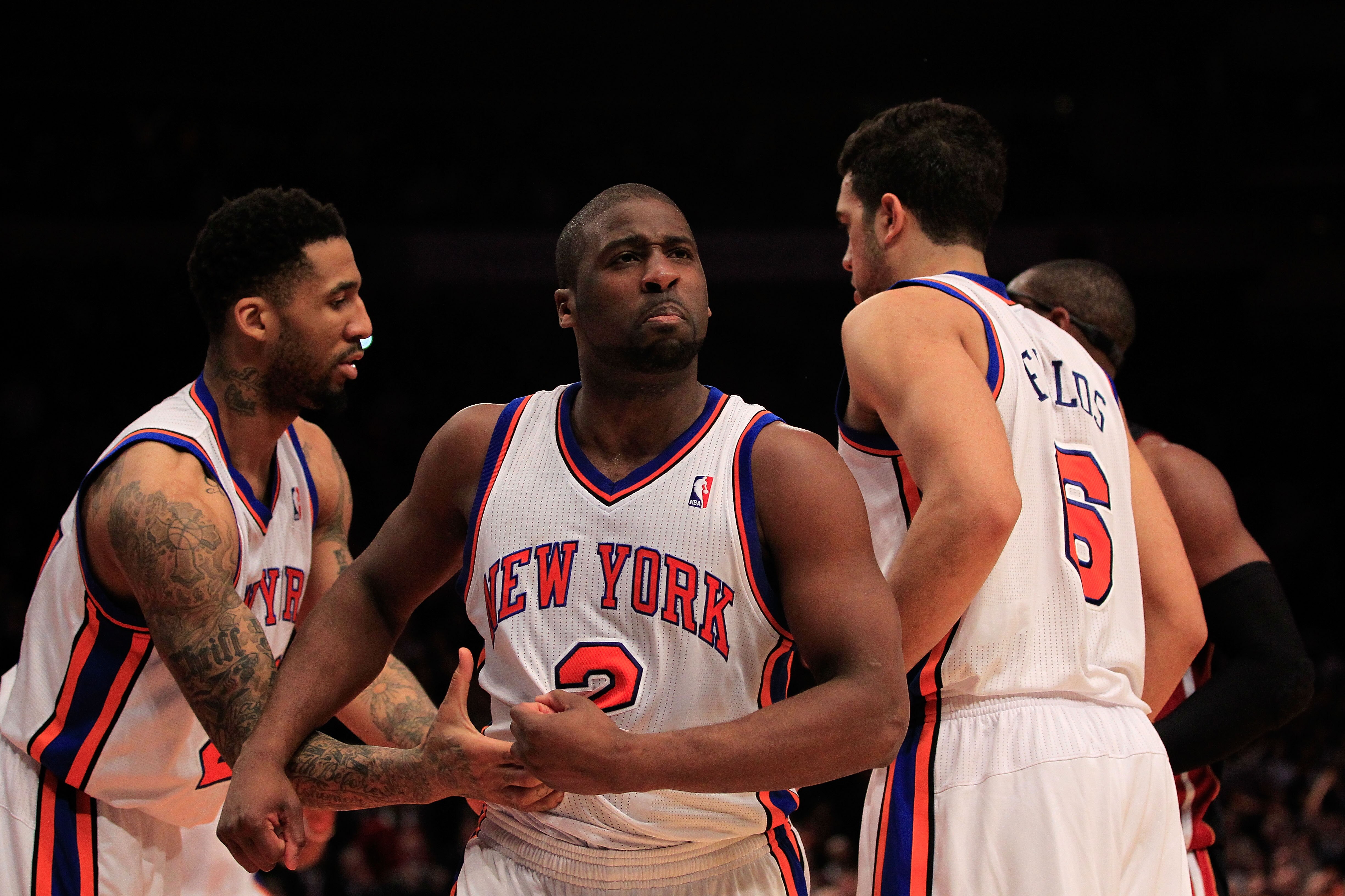 NEW YORK, NY - JANUARY 27:  Raymond Felton #2 of the New York Knicks reacts during the game against the Miami Heat at Madison Square Garden on January 27, 2011 in New York City. NOTE TO USER: User expressly acknowledges and agrees that, by downloading and