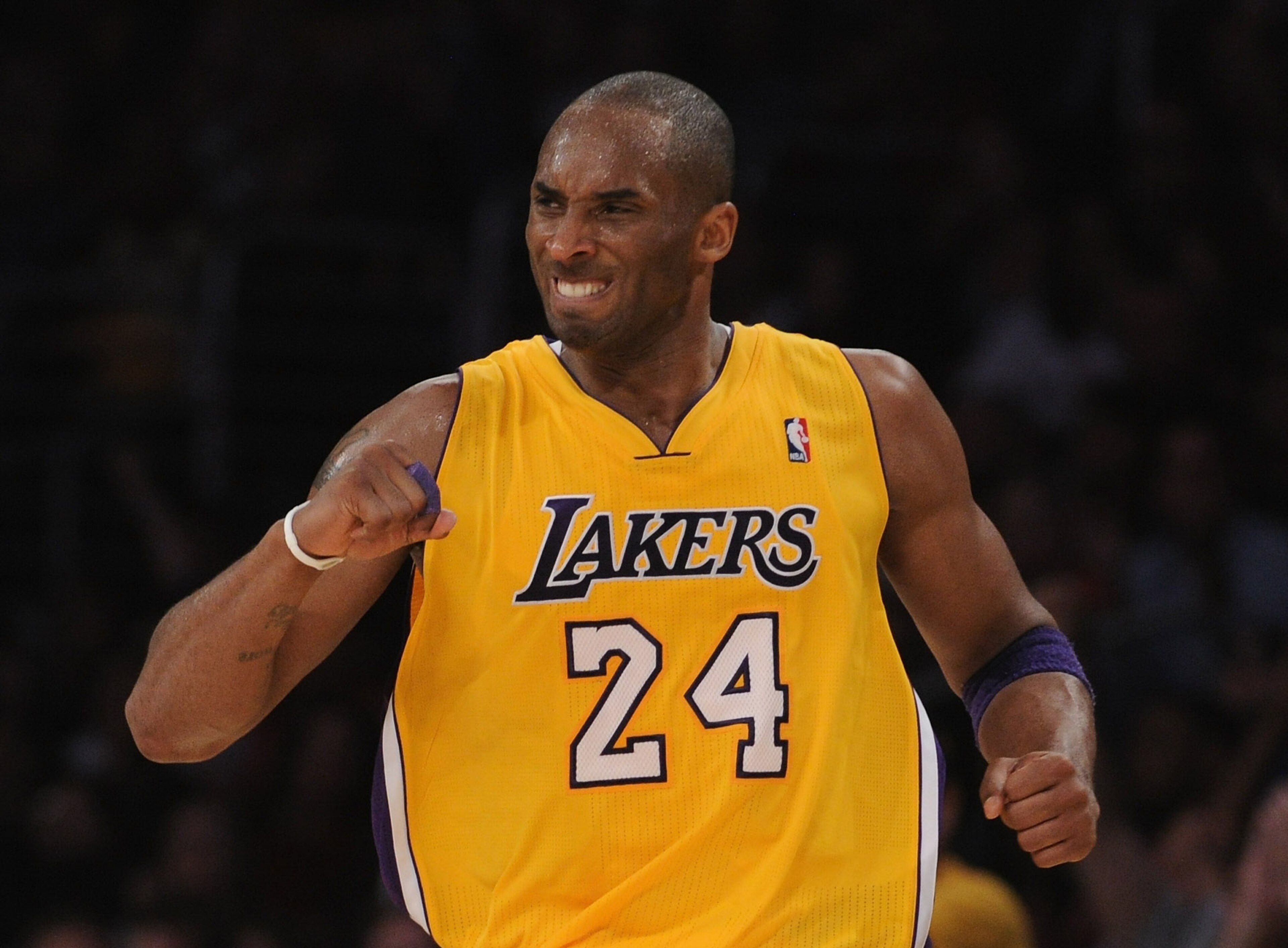 LOS ANGELES, CA - APRIL 12: Kobe Bryant #24 of the Los Angeles Lakers celebrates his basket during a 102-93 win over the San Antonio Spurs at the Staples Center on April 12, 2011 in Los Angeles, California. NOTE TO USER: User expressly acknowledges and LOS ANGELES, CA - APRIL 12: Kobe Bryant #24 of the Los Angeles Lakers celebrates his basket during a 102-93 win over the San Antonio Spurs at the Staples Center on April 12, 2011 in Los Angeles, California. NOTE TO USER: User expressly acknowledges and