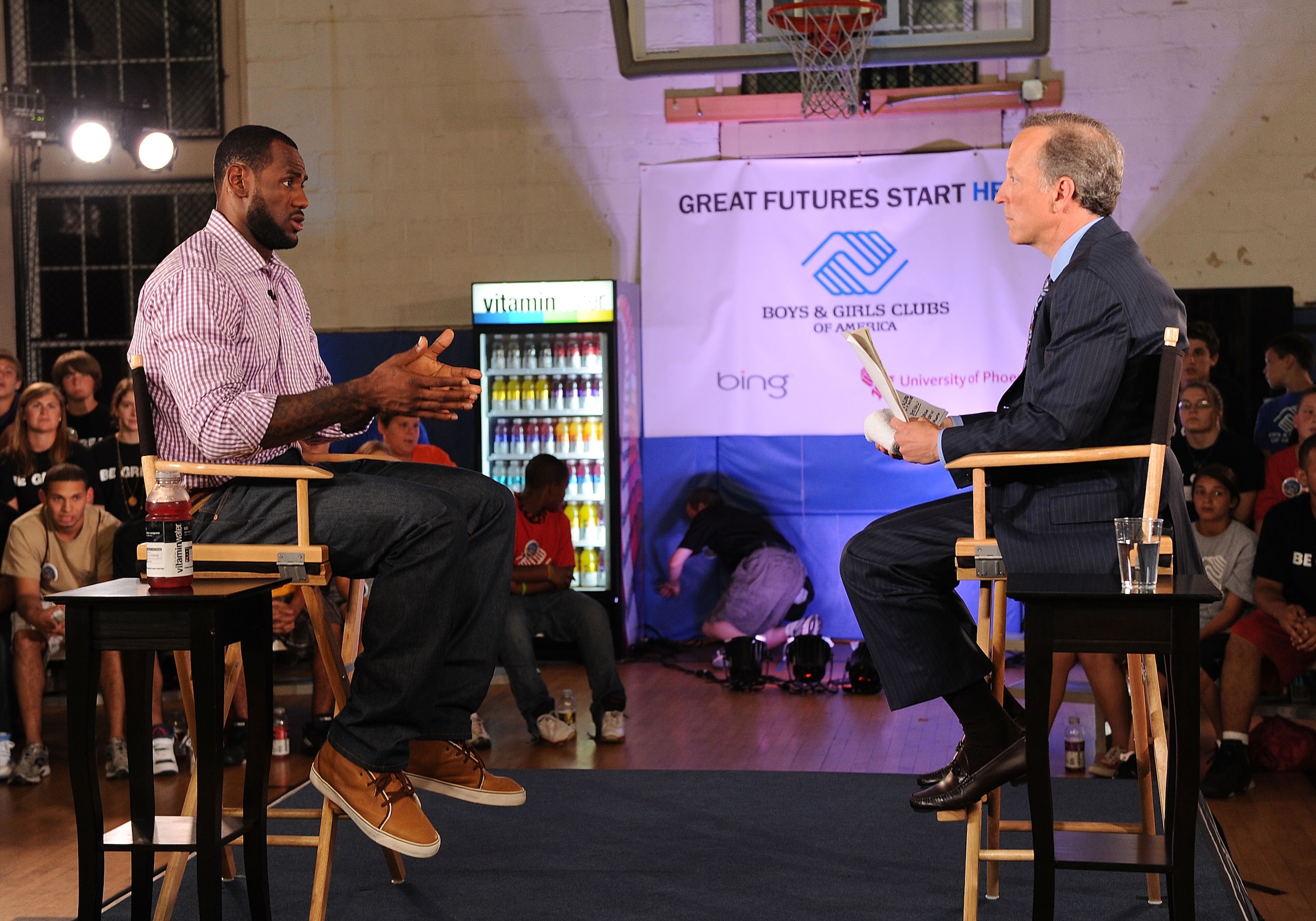 GREENWICH, CT - JULY 08:  LeBron James and ESPN's Jim Gray speak at the LeBron James announcement of his future NBA plans at the  Boys & Girls Club of America on July 8, 2010 in Greenwich, Connecticut.  (Photo by Larry Busacca/Getty Images for Estabrook G