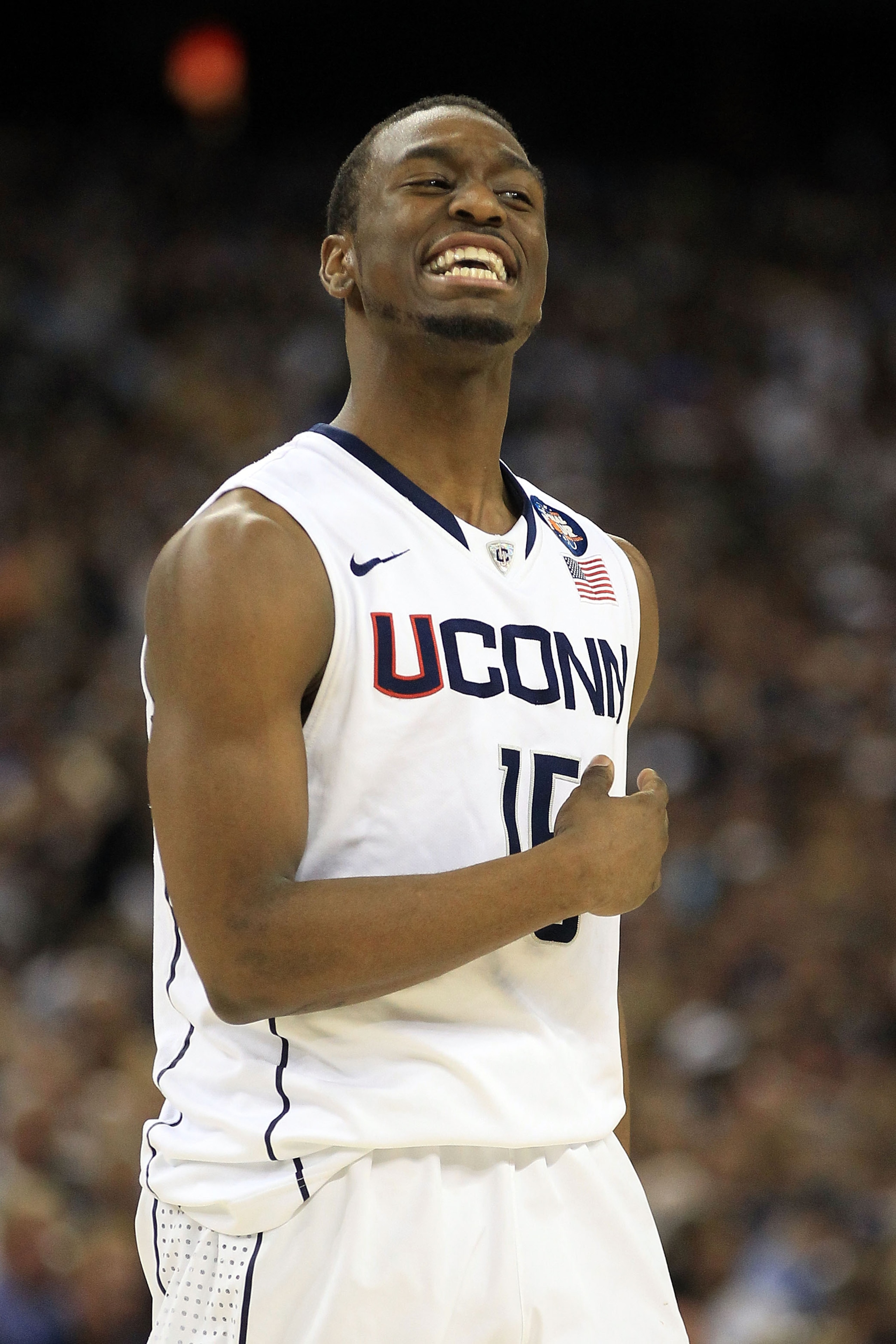 HOUSTON, TX - APRIL 04: Kemba Walker #15 of the Connecticut Huskies reacts after a play against the Butler Bulldogs during the National Championship Game of the 2011 NCAA Division I Men's Basketball Tournament at Reliant Stadium on April 4, 2011 in Houst HOUSTON, TX - APRIL 04: Kemba Walker #15 of the Connecticut Huskies reacts after a play against the Butler Bulldogs during the National Championship Game of the 2011 NCAA Division I Men's Basketball Tournament at Reliant Stadium on April 4, 2011 in Houst