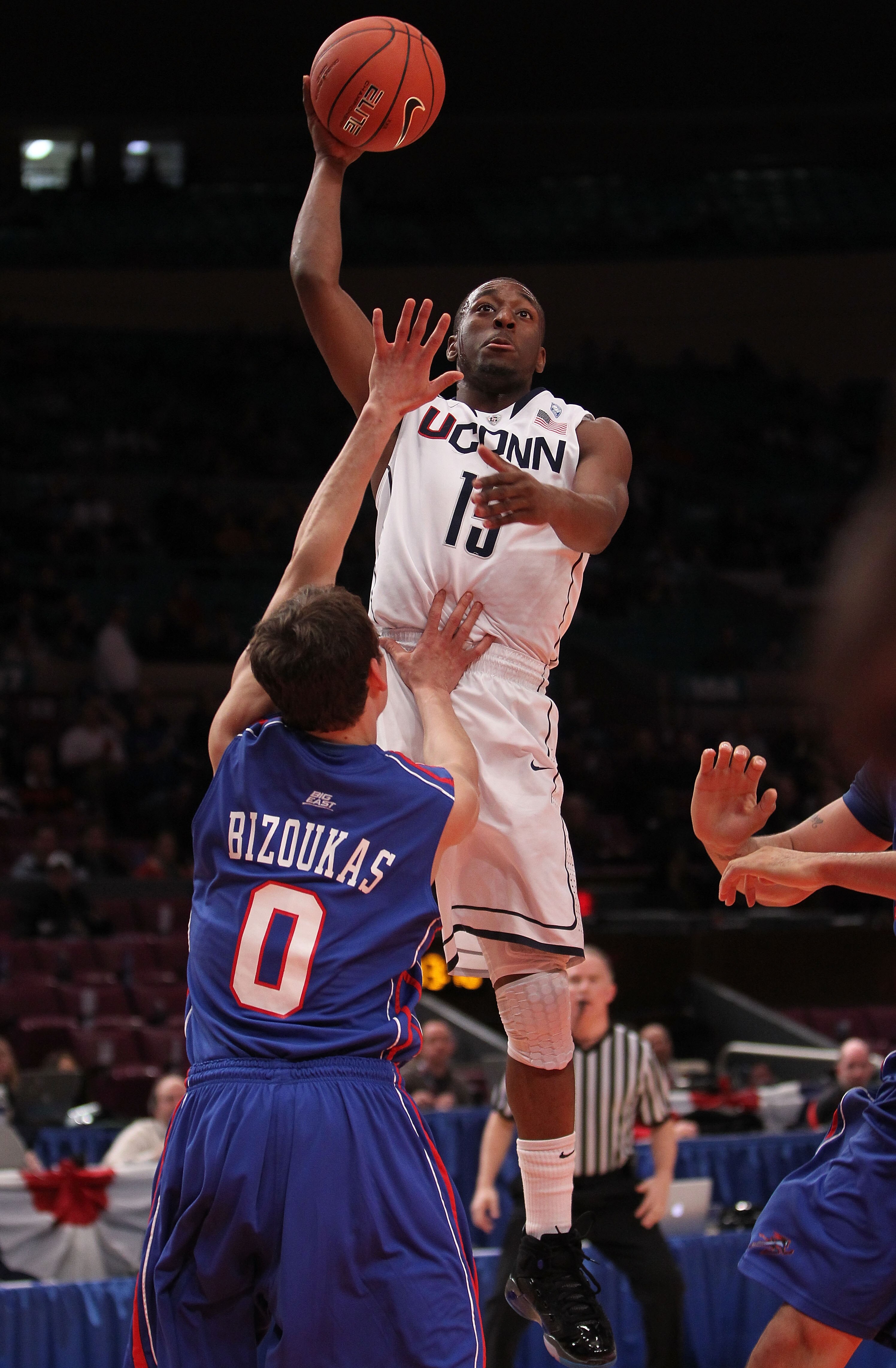 NEW YORK, NY - MARCH 08: Kemba Walker #15 of the Connecticut Huskies shoots the ball over michael Bizoukas #0 of the DePaul Blue Demons at Madison Square Garden on March 8, 2011 in New York City.  (Photo by Nick Laham/Getty Images)