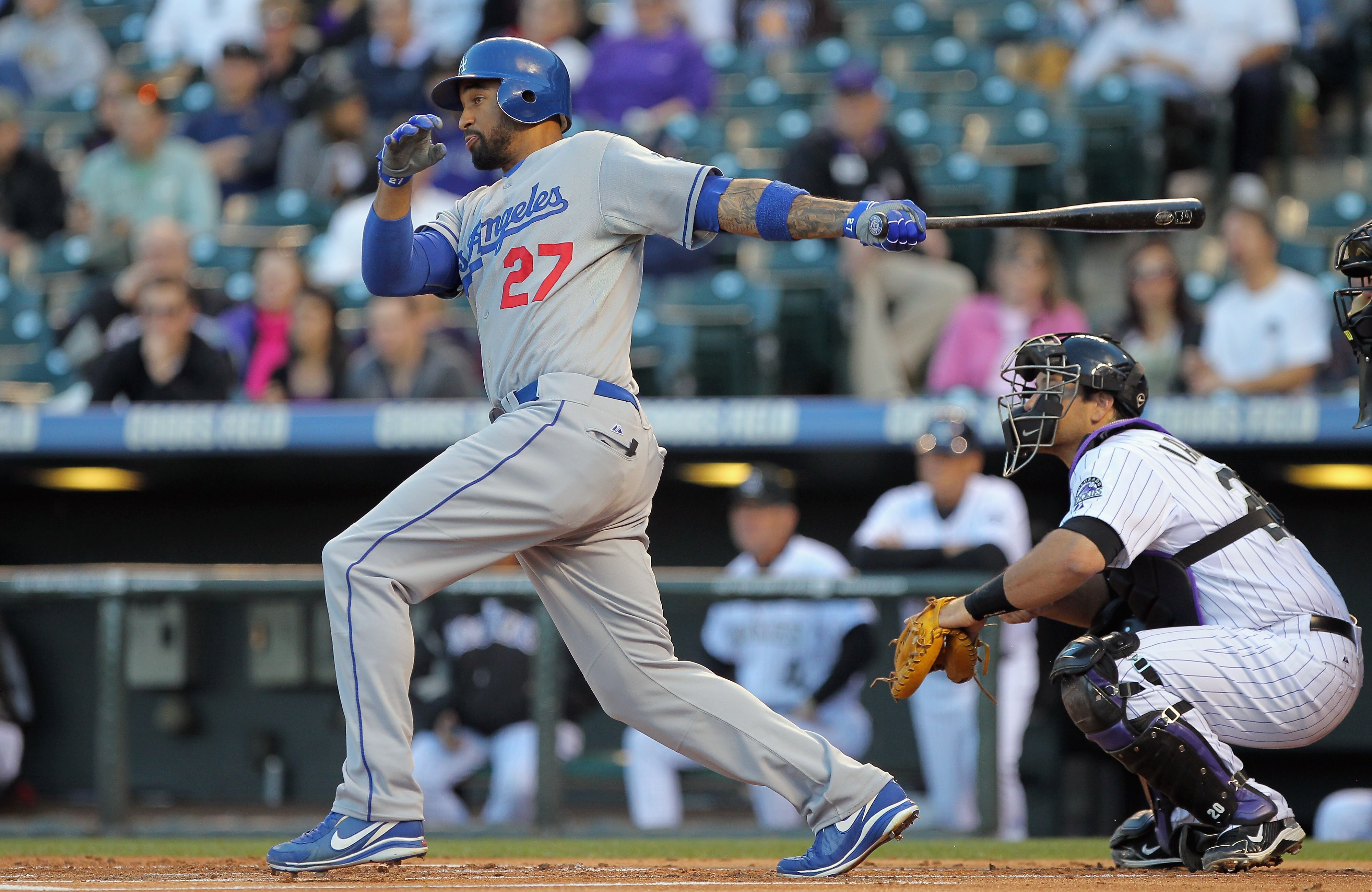 DENVER, CO - APRIL 05:  Matt Kemp #27 of the Los Angeles Dodgers takes an at bat against the Colorado Rockies at Coors Field on April 5, 2011 in Denver, Colorado.  (Photo by Doug Pensinger/Getty Images)