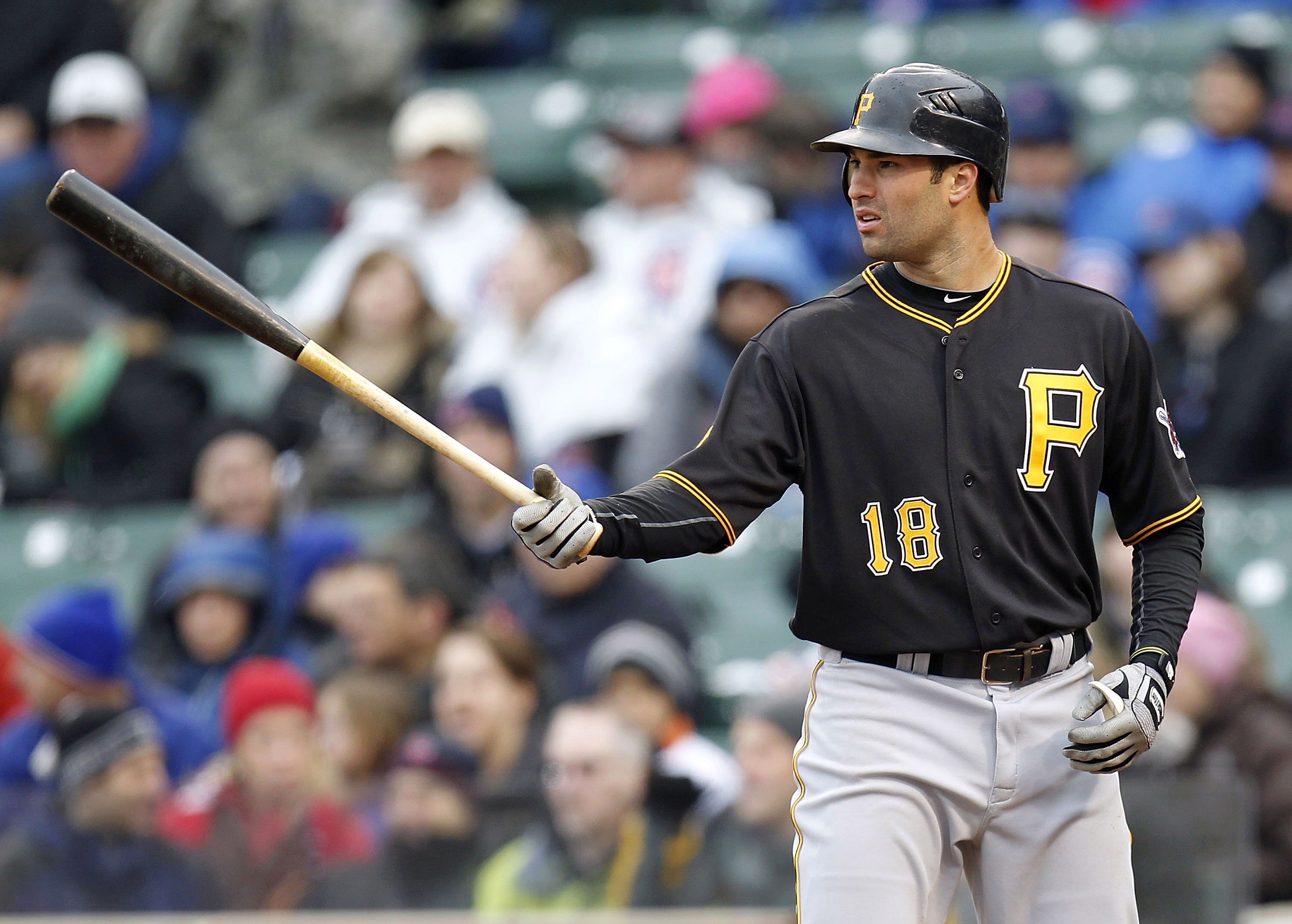 CHICAGO, IL - APRIL 01:  Neil Walker #18 of the Pittsburgh Pirates gets ready for a pitch while playing the Chicago Cubs during opening day at Wrigley Field on April 1, 2011 in Chicago, Illinois. Walker had a grand slam in the game and the Pirates won 6-3