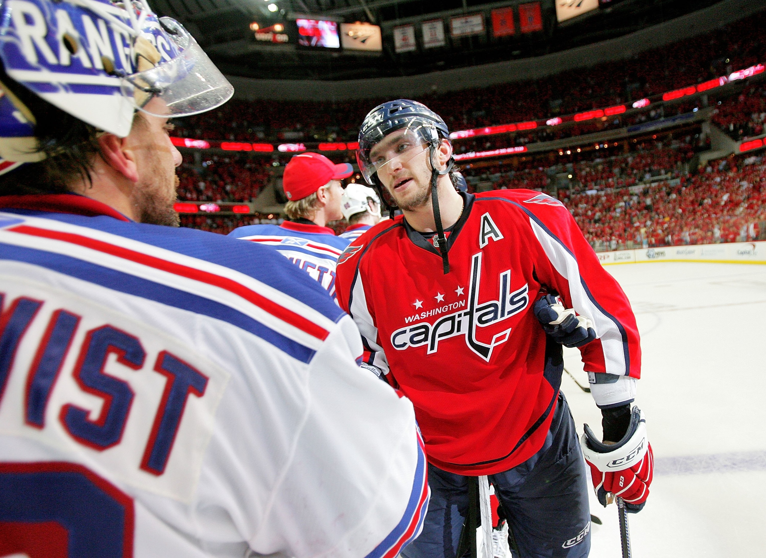 WASHINGTON - APRIL 28: Alex Ovechkin #8 of the Washington Capitals shakes the hand of Henrik Lundqvist #30 of the New York Rangers after defeating him during Game Seven of the Eastern Conference Quarterfinal Round of the 2009 Stanley Cup Playoffs on Apri WASHINGTON - APRIL 28: Alex Ovechkin #8 of the Washington Capitals shakes the hand of Henrik Lundqvist #30 of the New York Rangers after defeating him during Game Seven of the Eastern Conference Quarterfinal Round of the 2009 Stanley Cup Playoffs on Apri