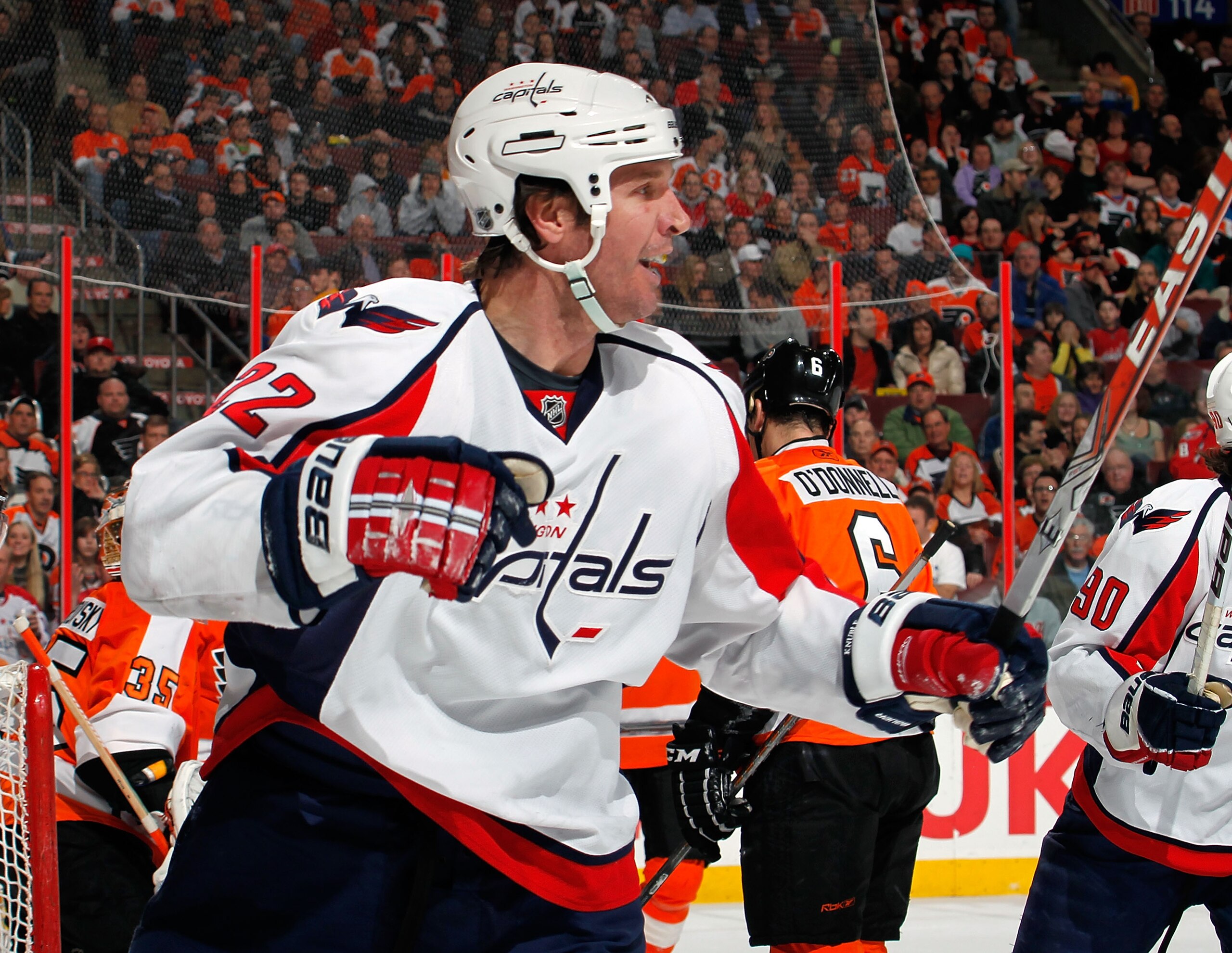 PHILADELPHIA, PA - MARCH 22: Mike Knuble #22 of the Washington Capitals celebrates a goal during an NHL hockey game against the Philadelphia Flyers at the Wells Fargo Center on March 22, 2011 in Philadelphia, Pennsylvania. (Photo by Paul Bereswill/Getty PHILADELPHIA, PA - MARCH 22: Mike Knuble #22 of the Washington Capitals celebrates a goal during an NHL hockey game against the Philadelphia Flyers at the Wells Fargo Center on March 22, 2011 in Philadelphia, Pennsylvania. (Photo by Paul Bereswill/Getty