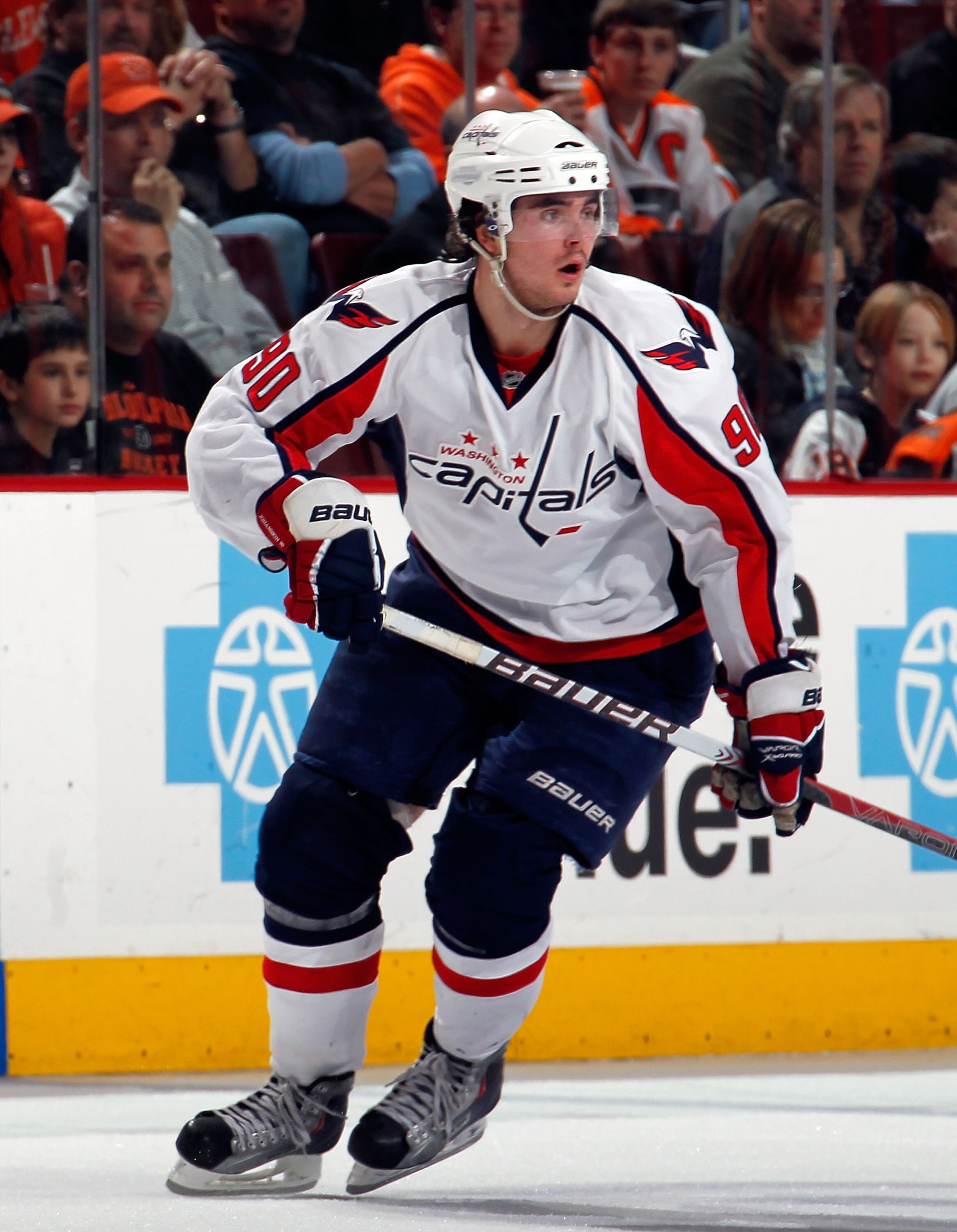 PHILADELPHIA, PA - MARCH 22:  Marcus Johansson #90 of the Washington Capitals skates during an NHL hockey game against the Philadelphia Flyers at the Wells Fargo Center on March 22, 2011 in Philadelphia, Pennsylvania.  (Photo by Paul Bereswill/Getty Image