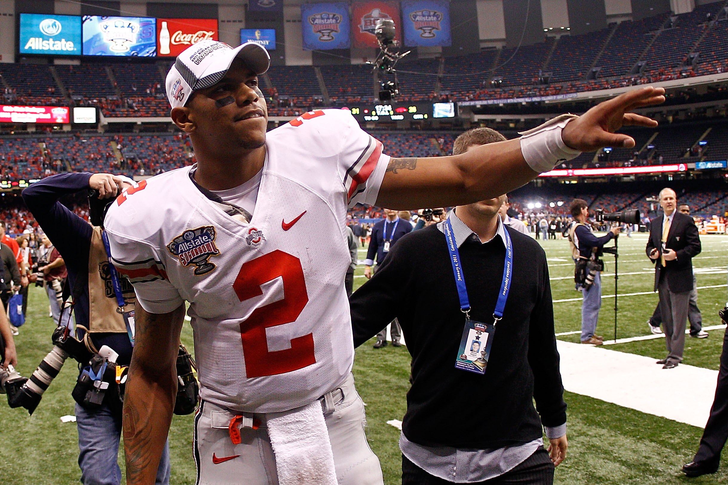 NEW ORLEANS, LA - JANUARY 04:  Quarterback Terrelle Pryor #2 of the Ohio State Buckeyes celebrates the Buckeyes 31-26 victory against the Arkansas Razorbacks during the Allstate Sugar Bowl at the Louisiana Superdome on January 4, 2011 in New Orleans, Loui